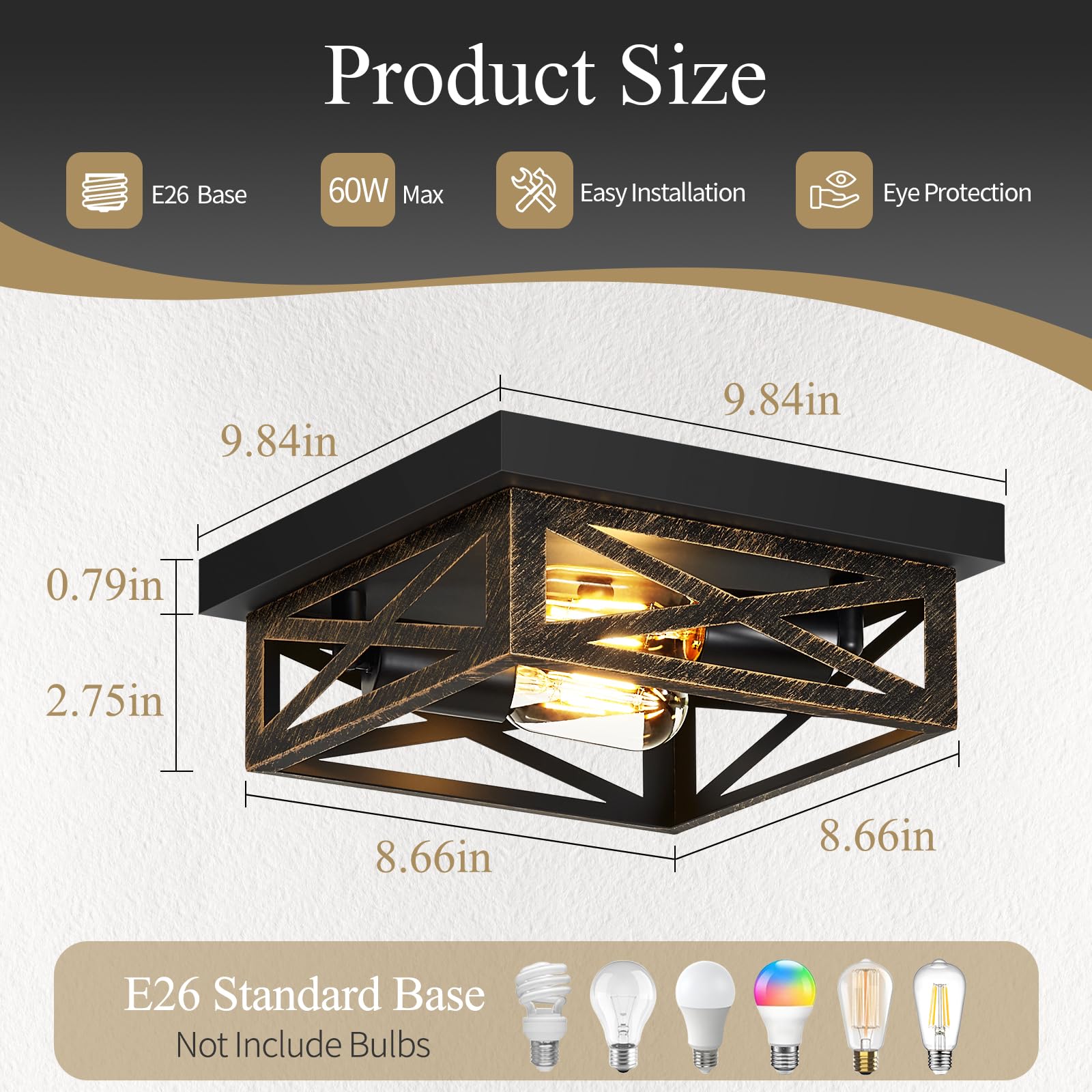 Skejao Black Flush Mount Ceiling Light Fixture,2-Light Square Rustic Vintage Metal Black Hallway Light Fixtures Ceiling For Farm