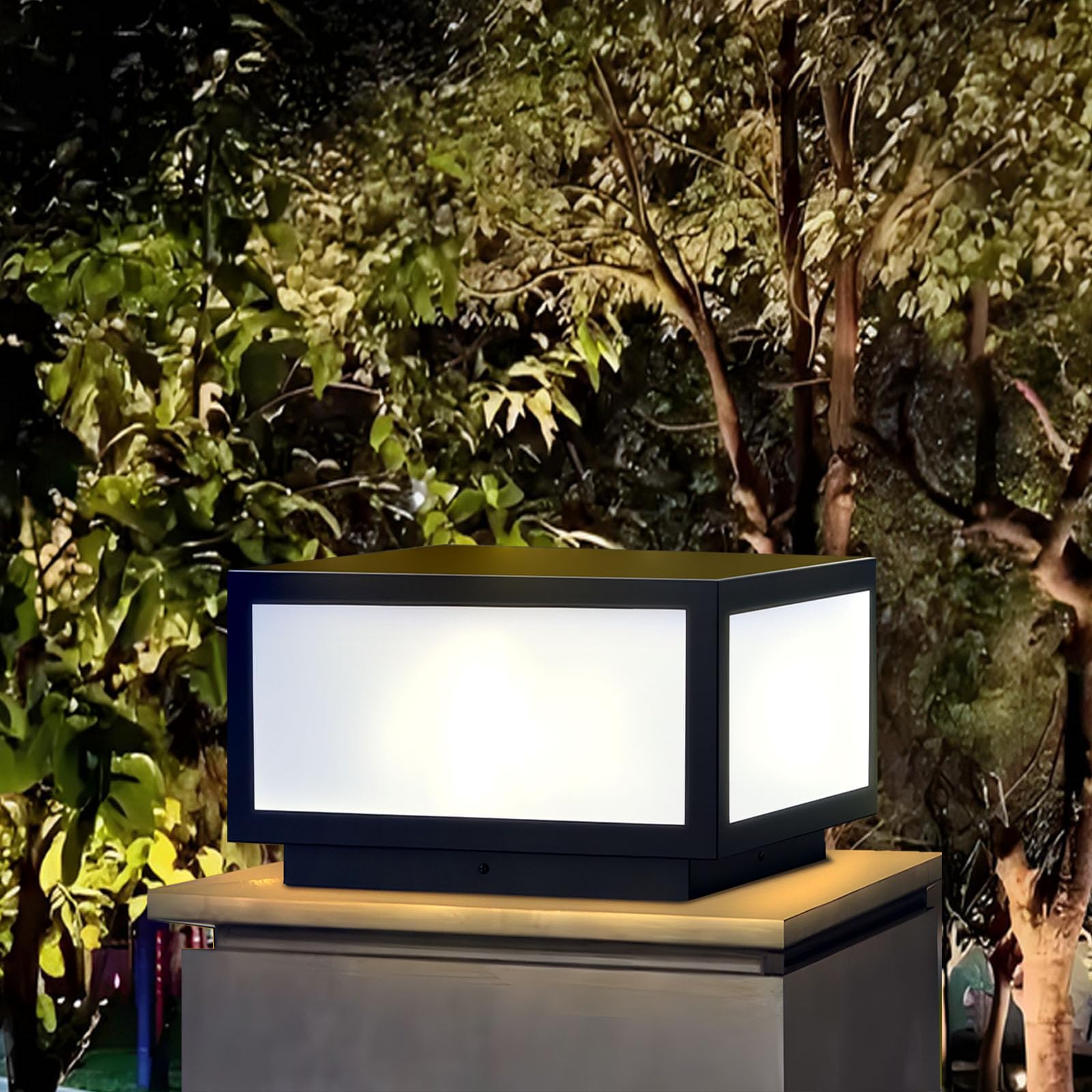 JHOTEC Outdoor Post Light, LED Lantern for Patio Garden, 12x12 Inch, Stainless Steel, High Voltage Wired, Model LZ-PZTD