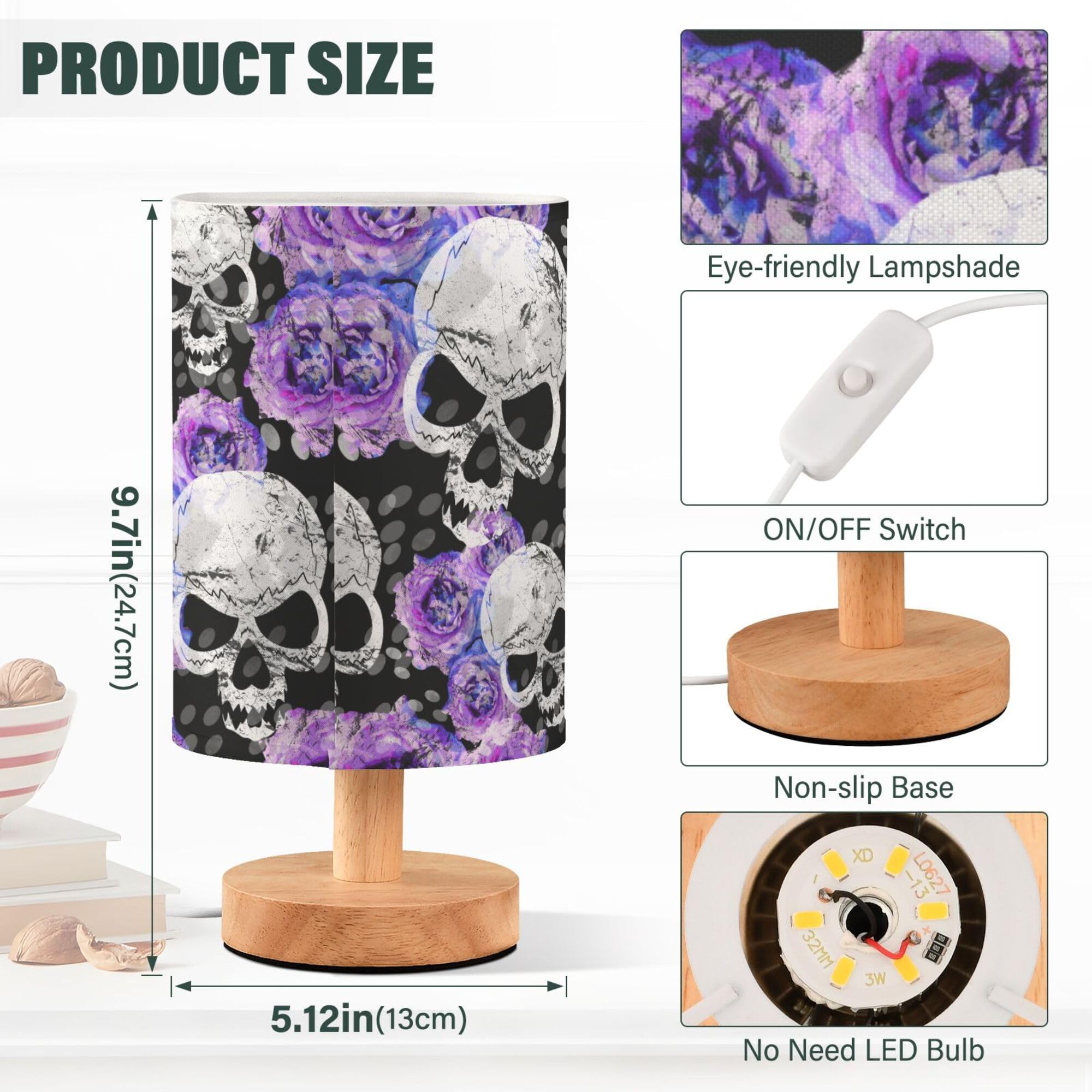Yyzzh Table Lamp Watercolor Skull Purple Blue Rose Flower Floral Gothic Pattern Nightstand Lamp With Wood Base Fabric Lamp Shade