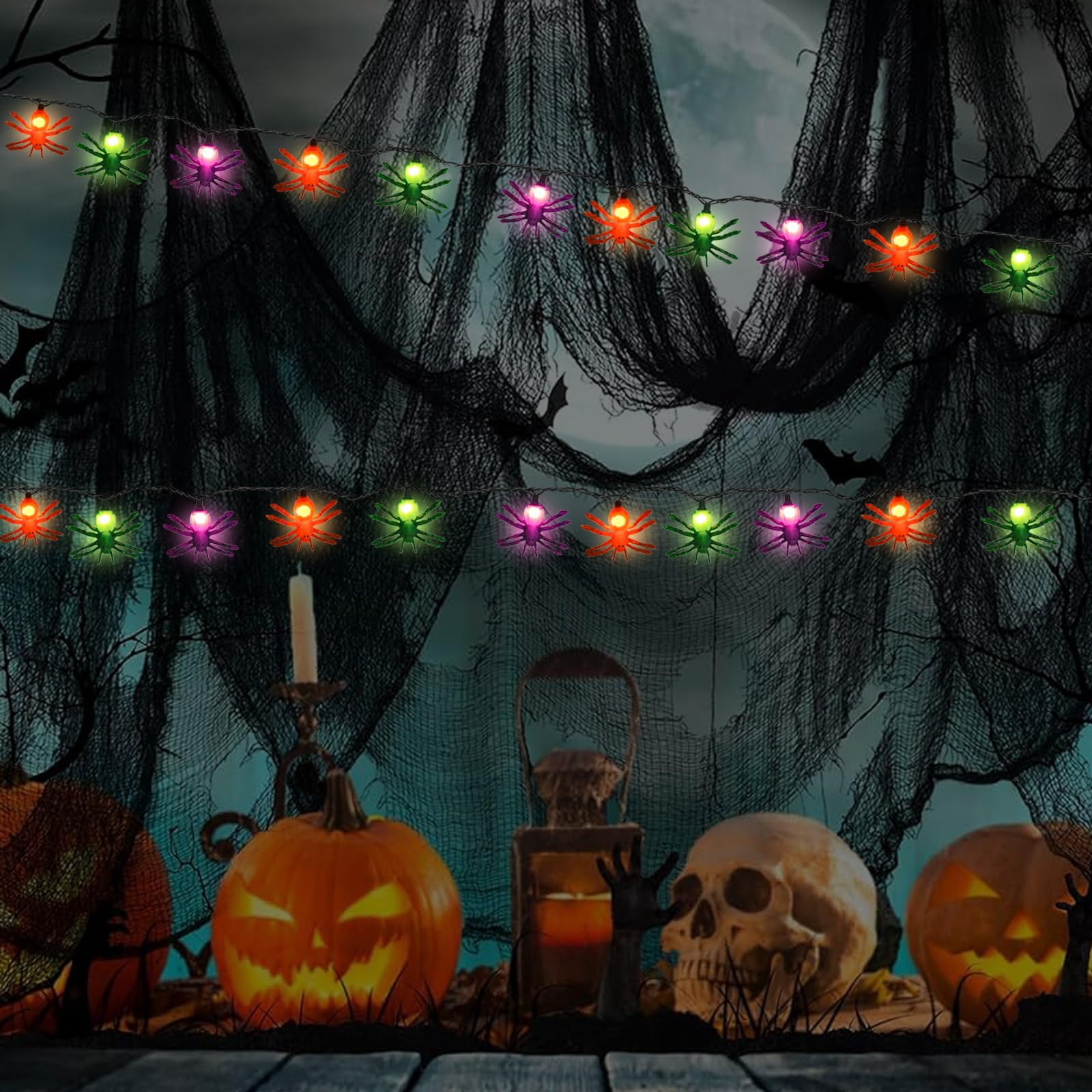 Oviejo Halloween Spider String Lights, 8.5FT Multi-Color LED Lights with 10 Spiders, Black Wire for Outdoor Party Decor