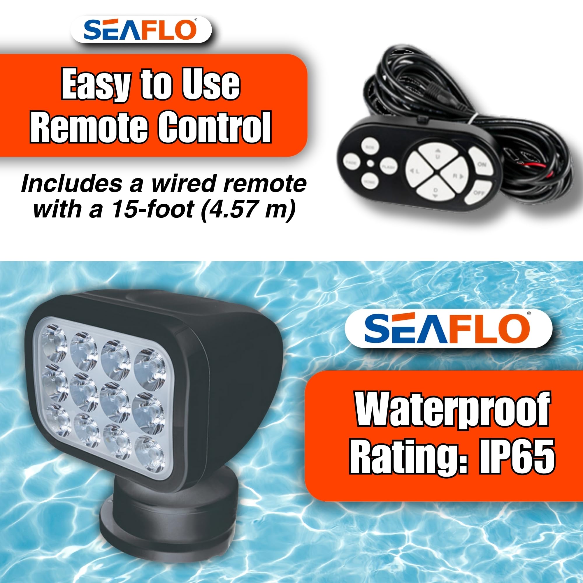 SEAFLO 360° Rotating LED Searchlight, 10-30V, IP66 Waterproof, Warm Light 2700K, Black, Model SFSL-2700Y-01B