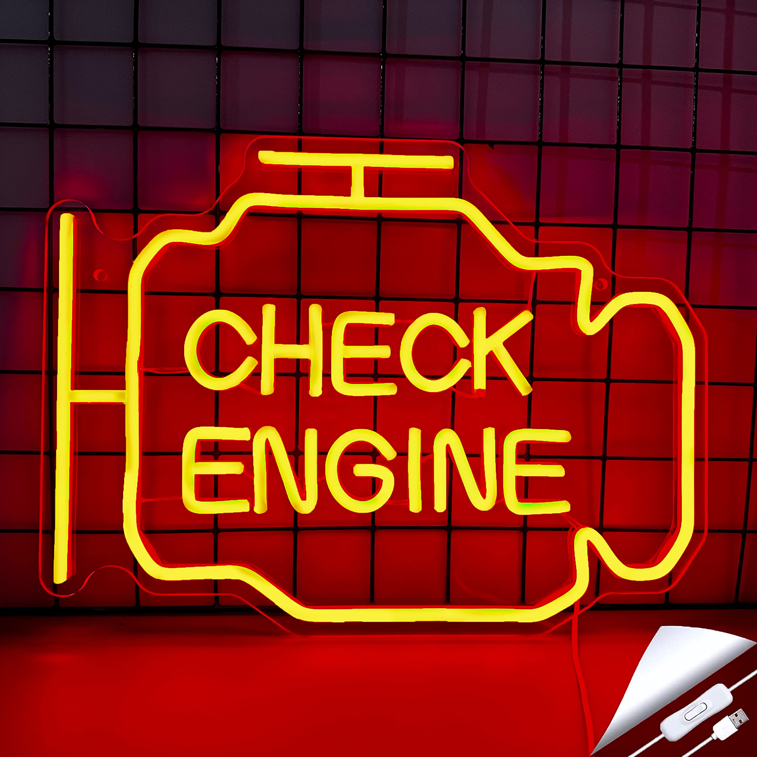Abooly LED Neon Sign - Check Engine Wall Decor - Red - 15.7x11.8in - Custom Neon for Garage, Repair Shop, Gaming Room