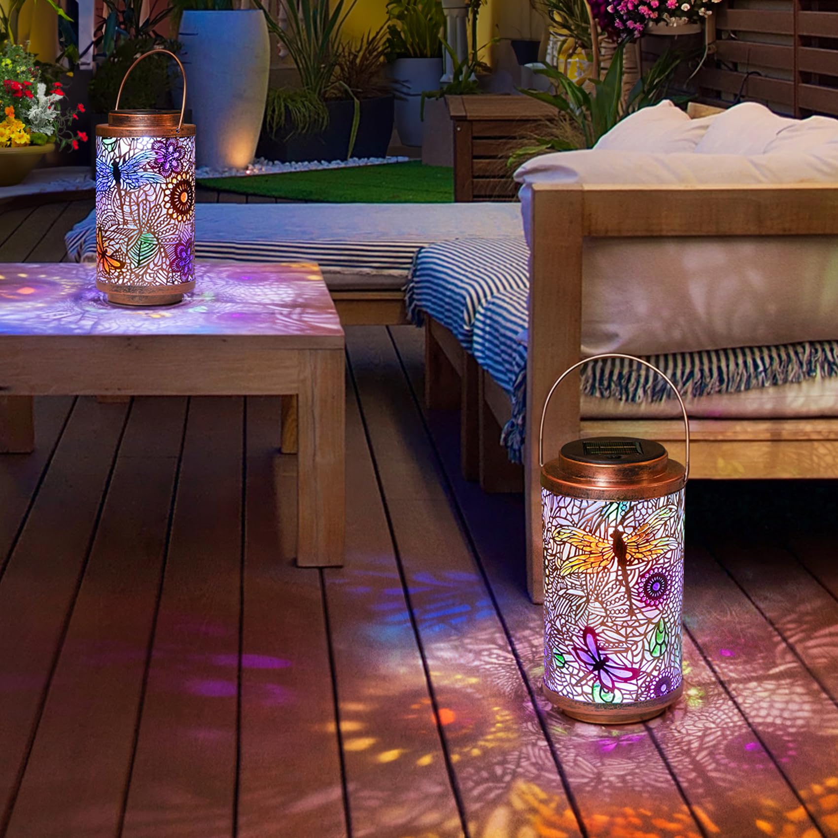 Go2garden 2Pack Solar Outdoor Lanterns Waterproof Dragonfly Garden Gifts for Women Patio Decor Lights Metal Lantern for Yard, Ta
