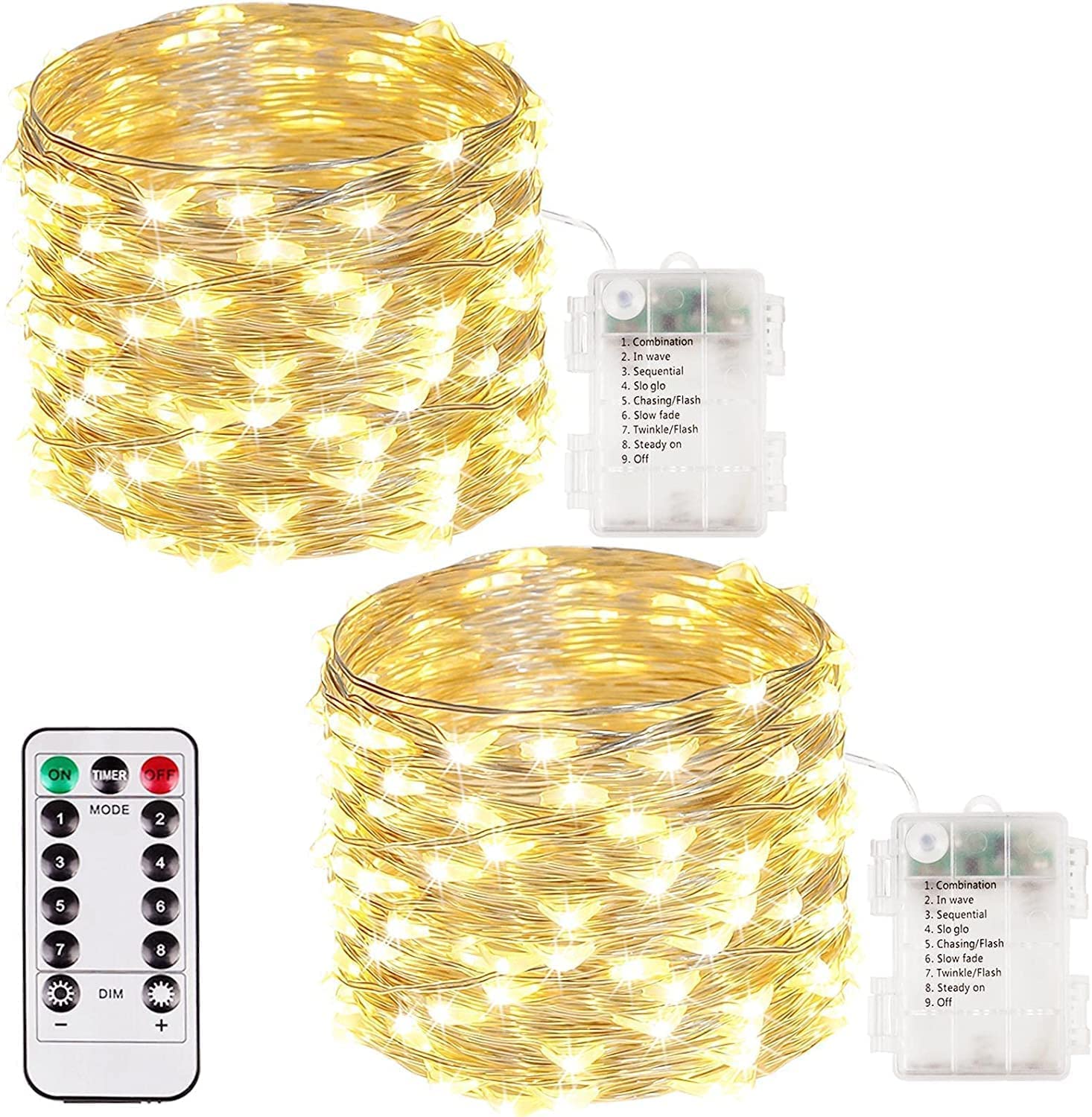 2 Pack 100 LED Fairy Lights Battery Operated with Remote, 33FT Waterproof Twinkle Lights with Timer & 8 Modes, Fairy String Ligh