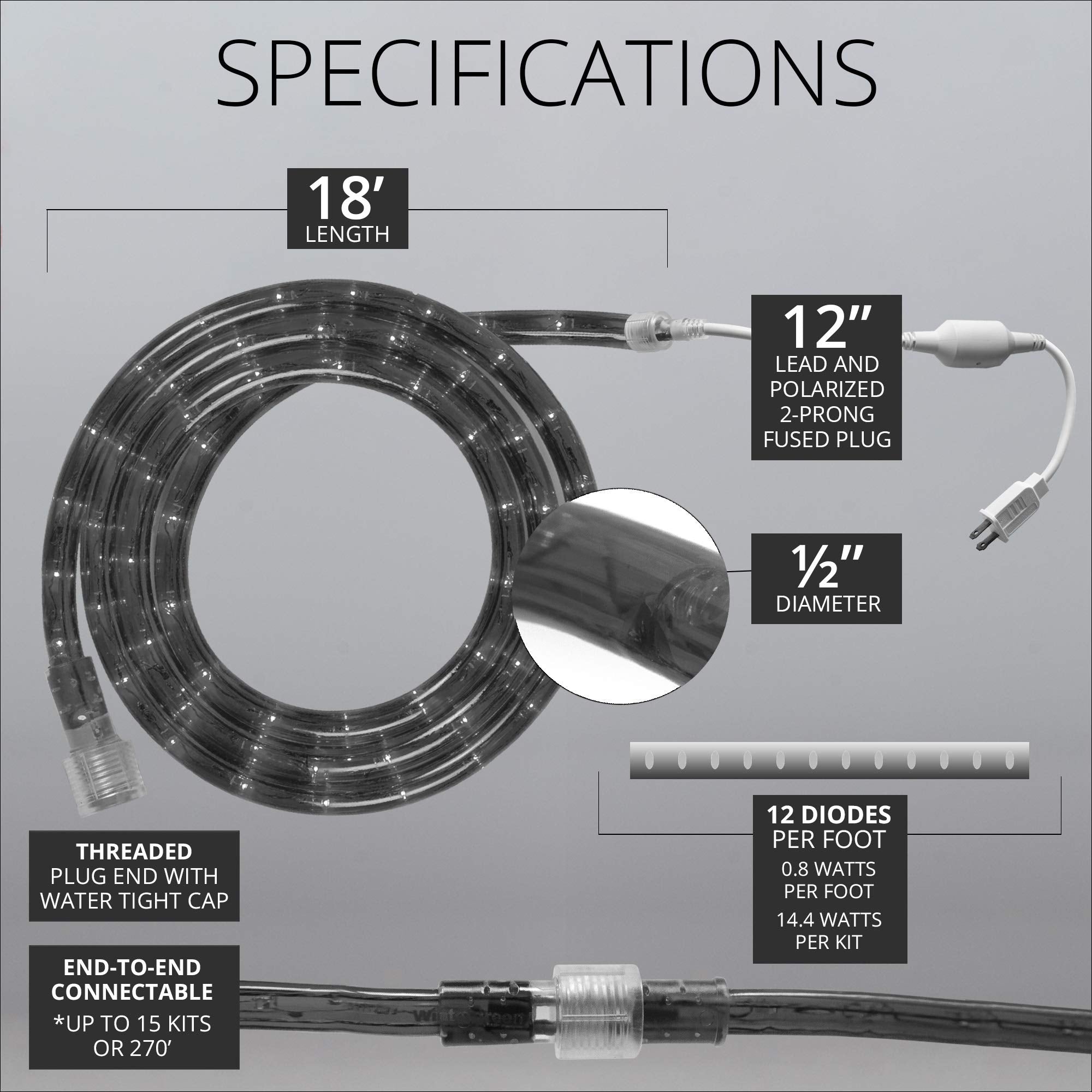 Wintergreen Lighting 18' LED Cool White Rope Light – Flexible PVC String Light, 120V, Model WG-LED-13Y-1E-#22-36-18