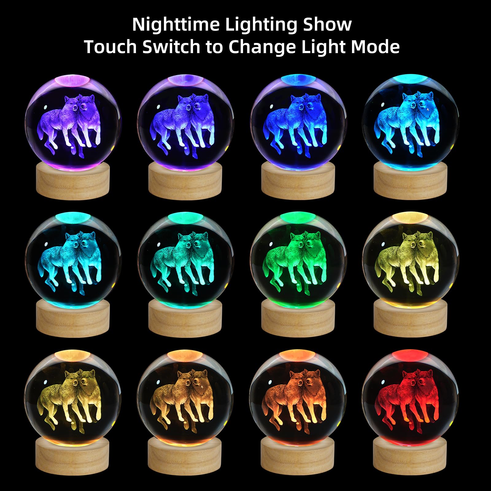 Zxblaq 3D Wolf Crystal Ball Night Light, Upgraded 3.15 Inch Glass Ball Lamp With 16 Color Led Wooden Base, Wolf Statue Decor Bir