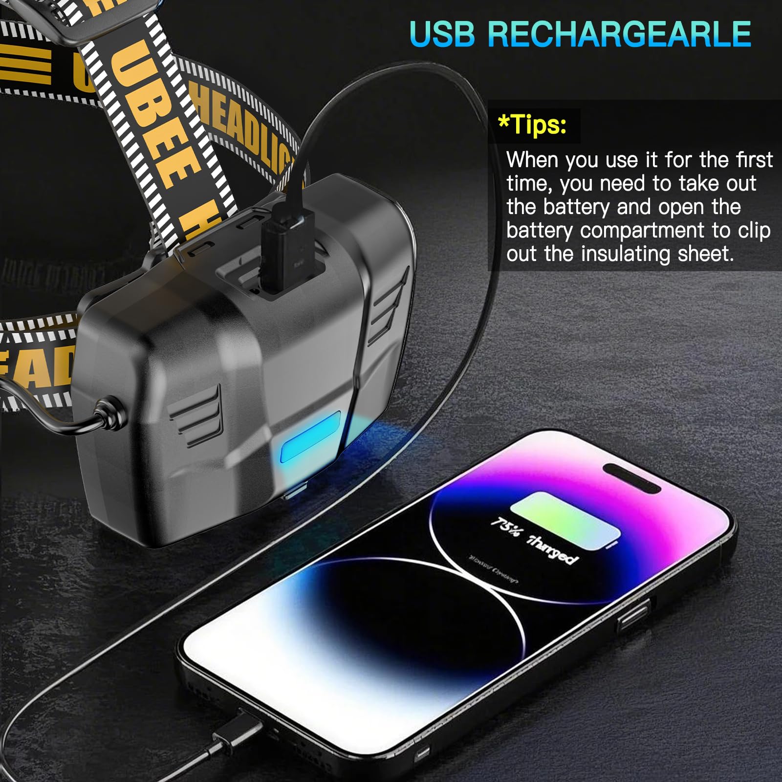 UBEE 800LM Rechargeable Headlamp - Super Bright LED, 7 Modes, IP68 Waterproof, Adjustable, Black, Model IMR186