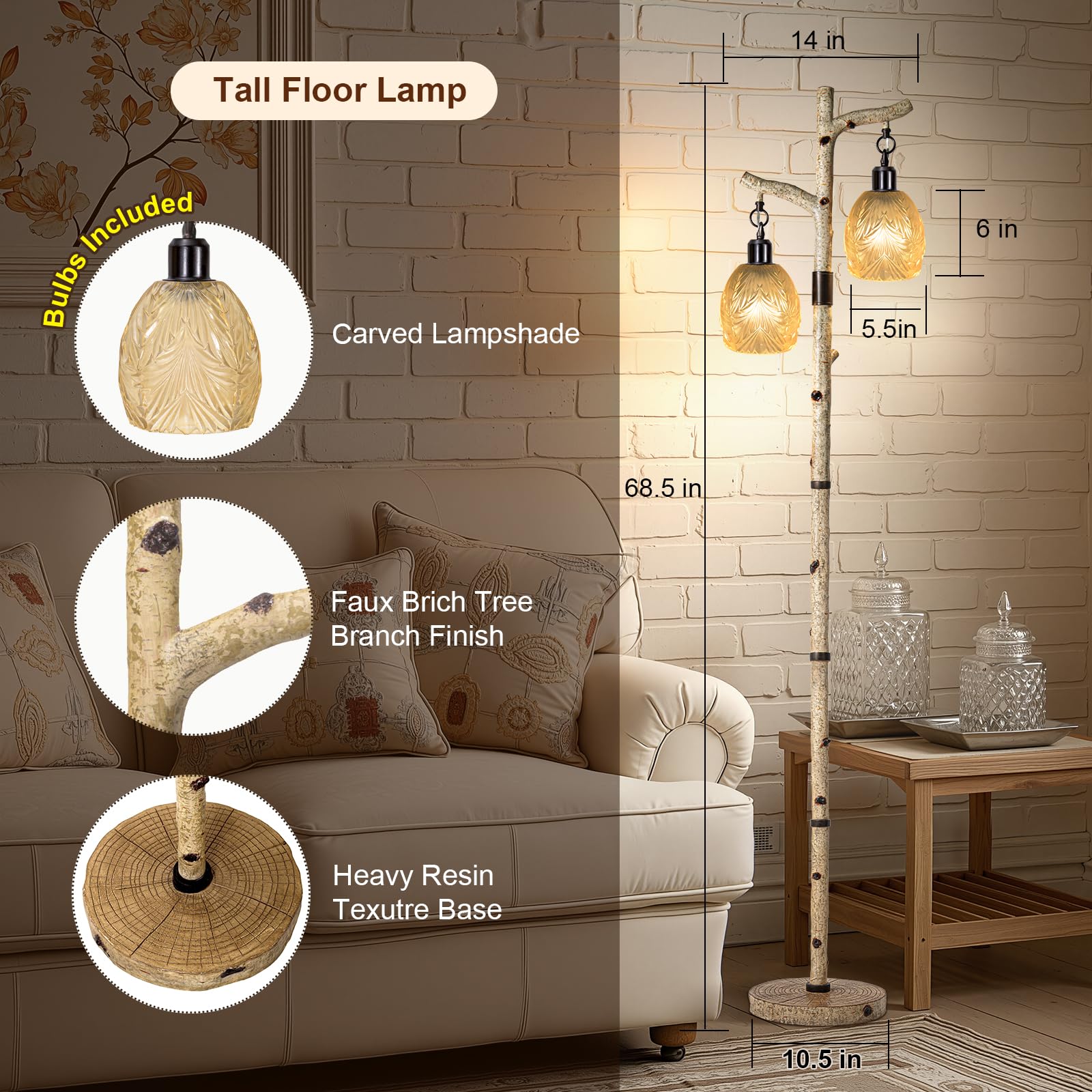 Scenekoy Retro Floor Lamp 68.5” Tall, Dimmable Resin with Carving Shade, Light Gray - Model SL018-2 for Living Room & Bedroom Decor