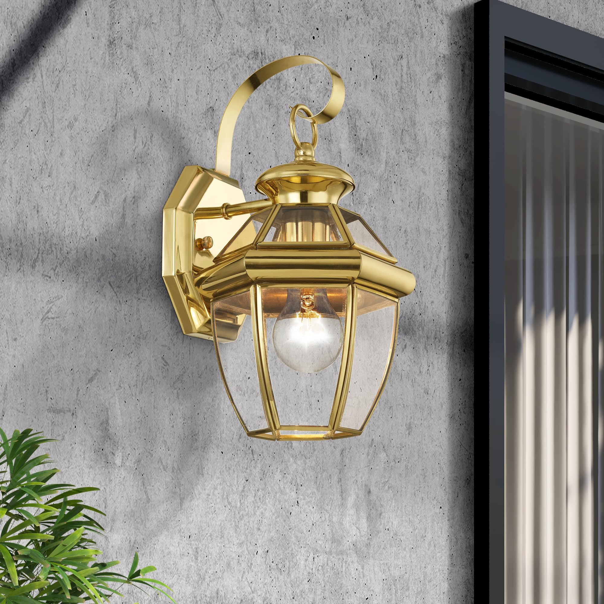 Livex Lighting 2051-02 Monterey 1 Light Outdoor Polished Brass Finish Solid Brass Wall Lantern With Clear Beveled Glass, Gold