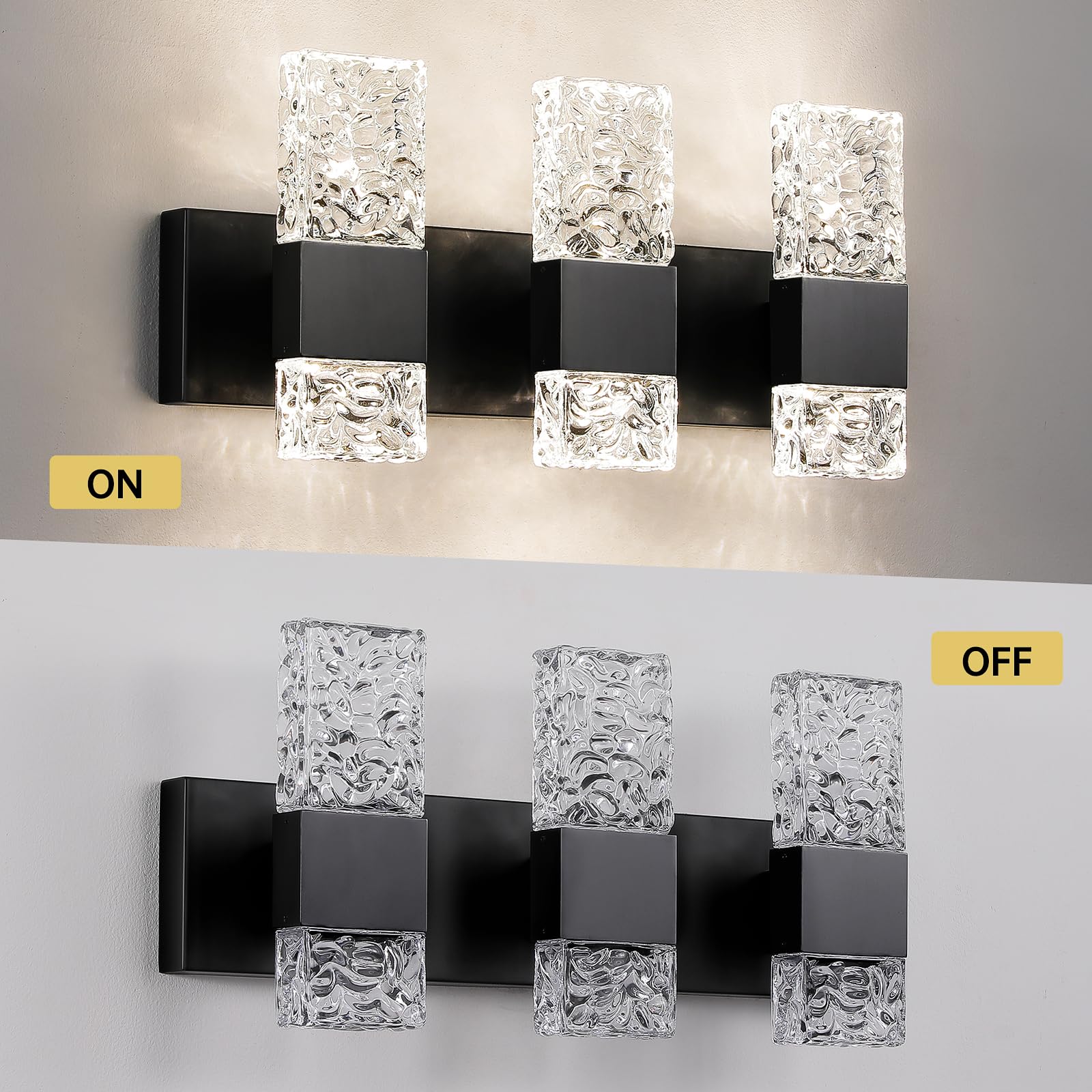 Epinl 3-Light Black Bathroom Vanity Light Fixtures, Iron + Crystal, Modern Wall Sconces, Model 8013WL-03BK-US, 4000K LED