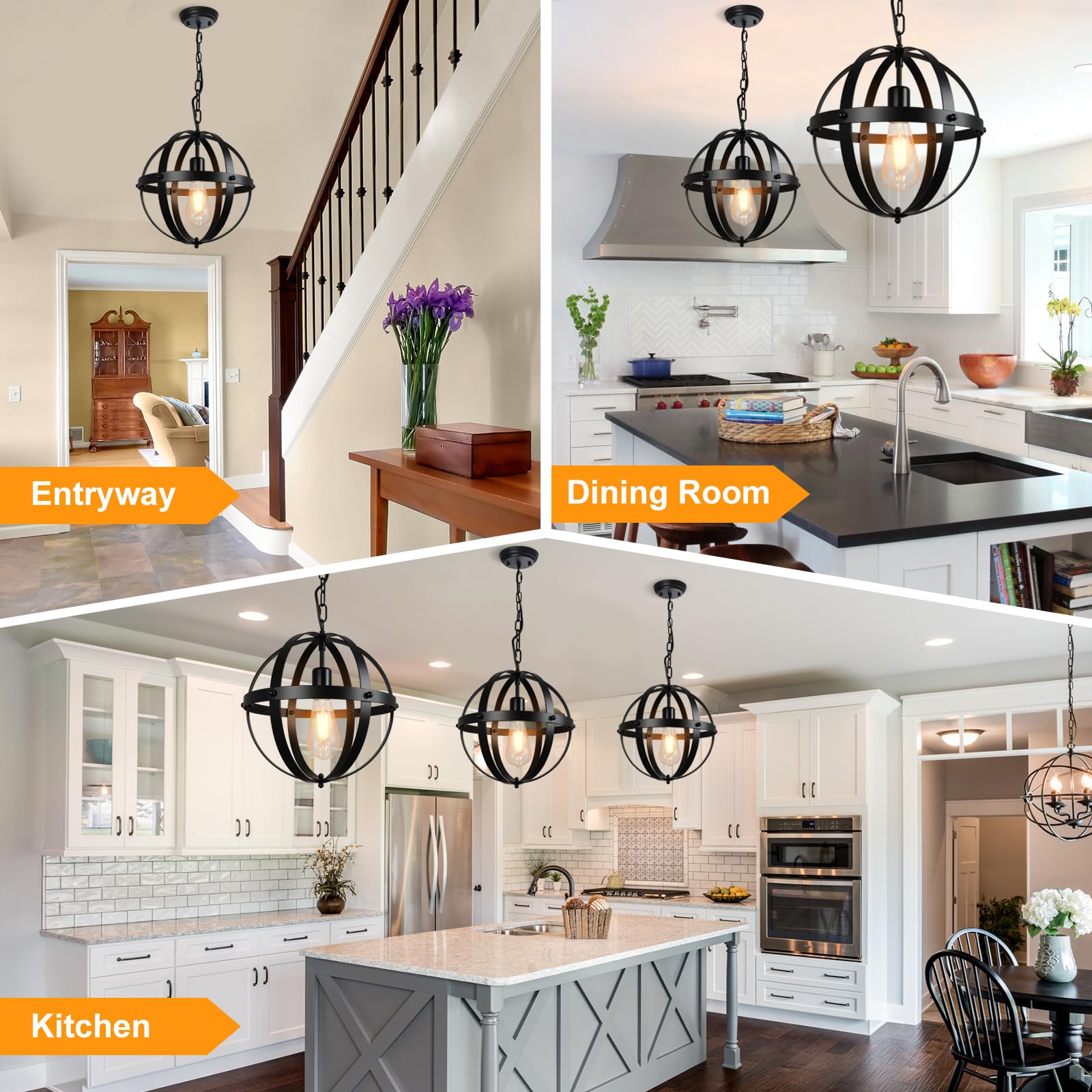 DINGLILIGHTING Vintage Globe Pendant Light, 1-Light E26 Base, Matte Black, Ideal for Dining Room, Kitchen Island, Model WSCL34-B
