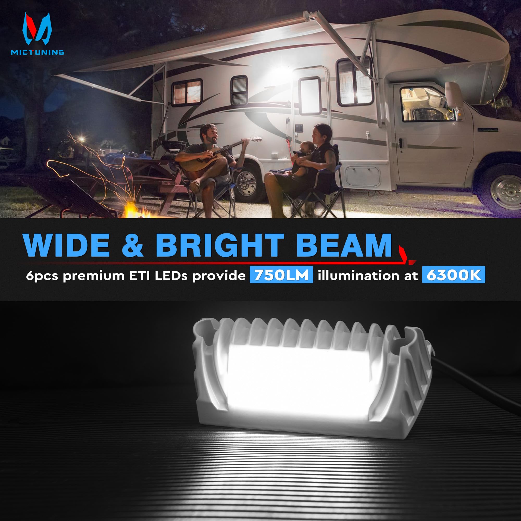 MICTUNING RV Exterior LED Porch Utility Light 12V 750 Lumen, Aluminium, 1 Pack, Black, Model MIC-RPL