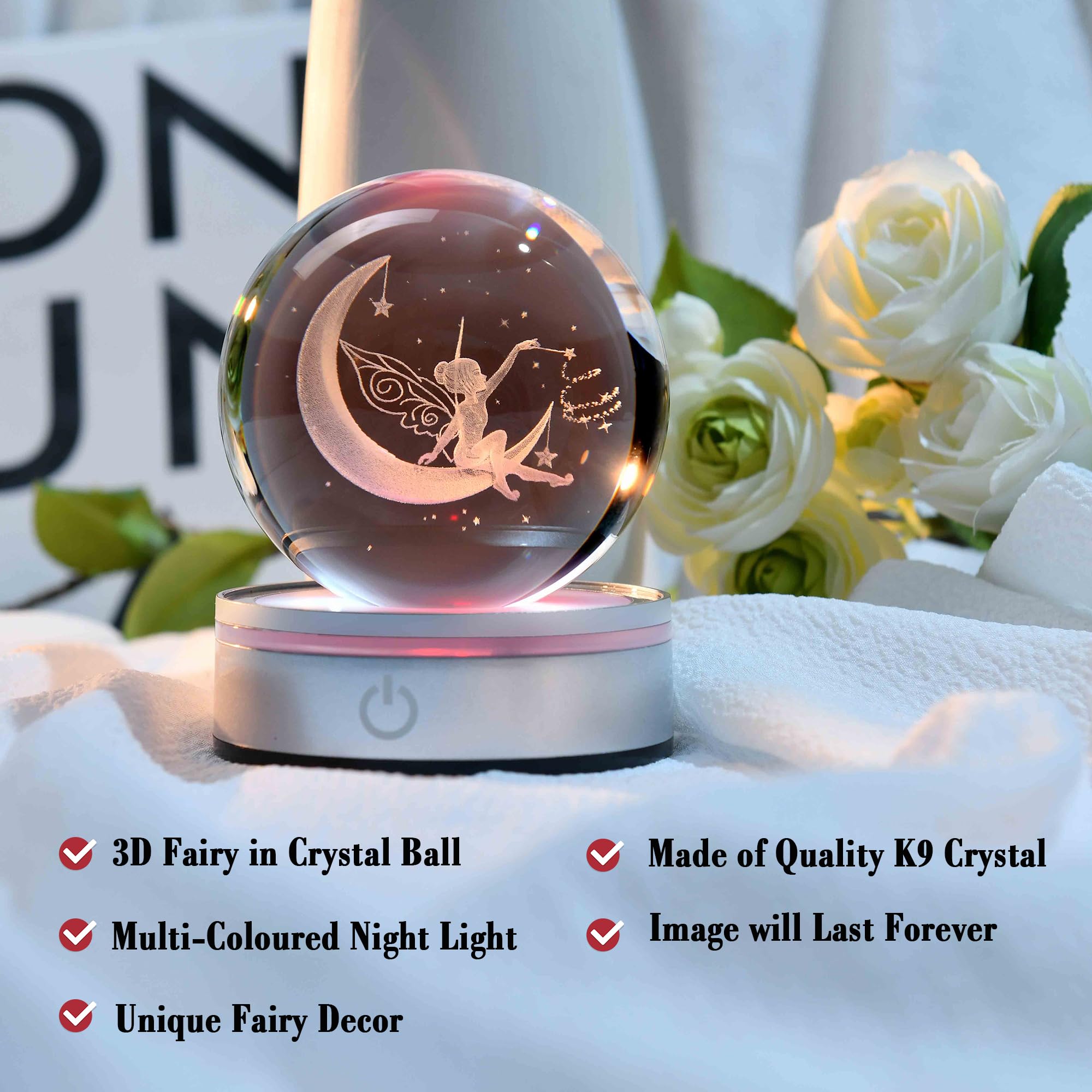 IFOLAINA Moon Fairy Crystal Ball Night Light - 3D Laser Engraved Decorative Globe, Model 1163Z, Multicolor Fairy Gift for Her