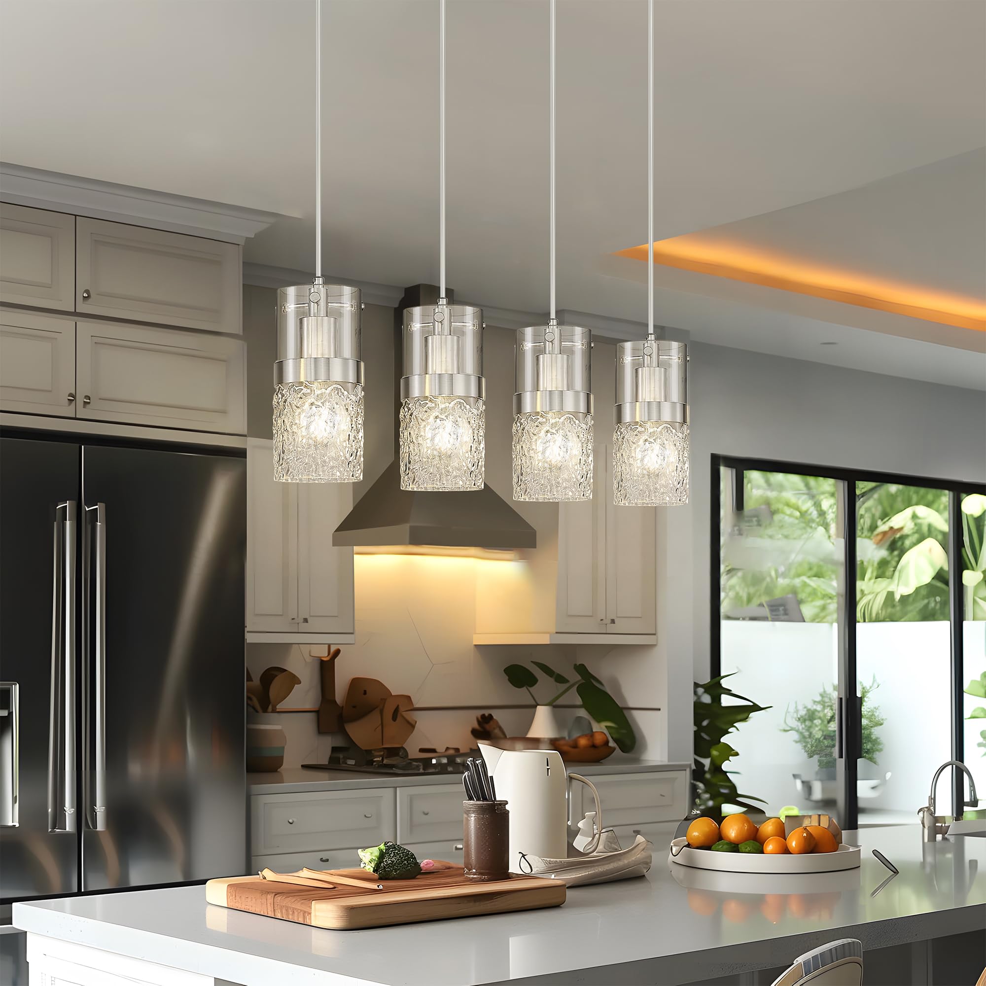 LMS 4-Light Island Lighting Fixture, Brushed Nickel, Hammered Glass, 3.5" Chandelier, Farmhouse Style, Model LMS-171BN4L