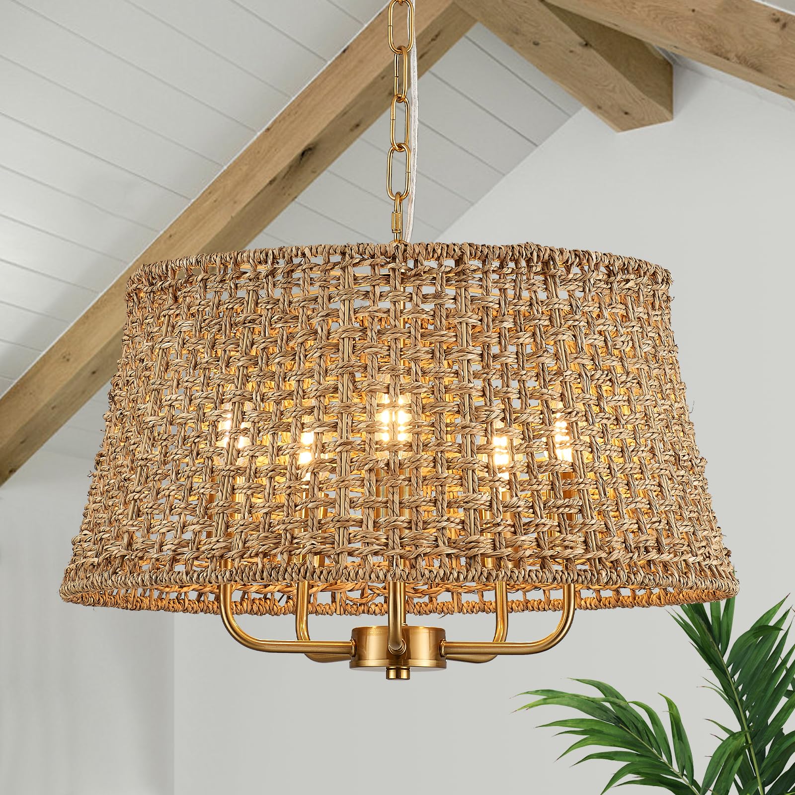 YOMECOO Hand-Woven Rattan Chandelier Vintage Farmhouse Boho Bamboo Chandelier Light Fixture Mini Retro Drum Wicker Rattan Gold C