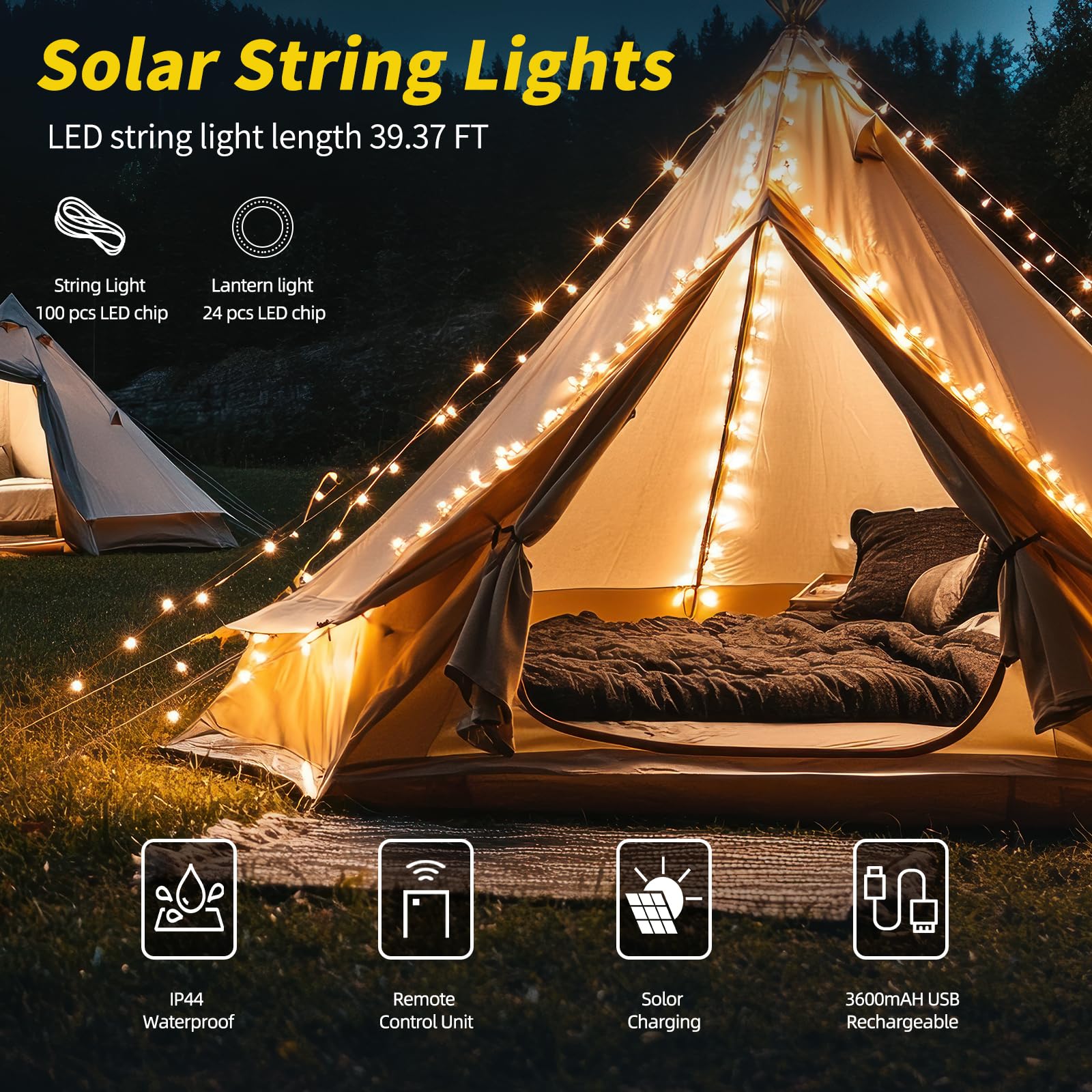 GHORA Solar Camping String Lights, 2 in 1 Solar Rechargeable Portable Outdoor LED String Lights with Remote Control, 39.4 Feet E