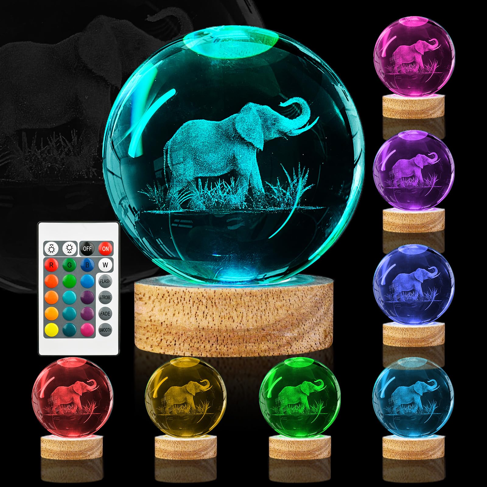 Oriamde 3D Elephant Crystal Ball Night Light 3.15 Inch Glass Ball Lamp With 16 Color Changing Wooden Base And Remote Control Elephant Gifts For Kids Friends Birthday Christmas Room Decor