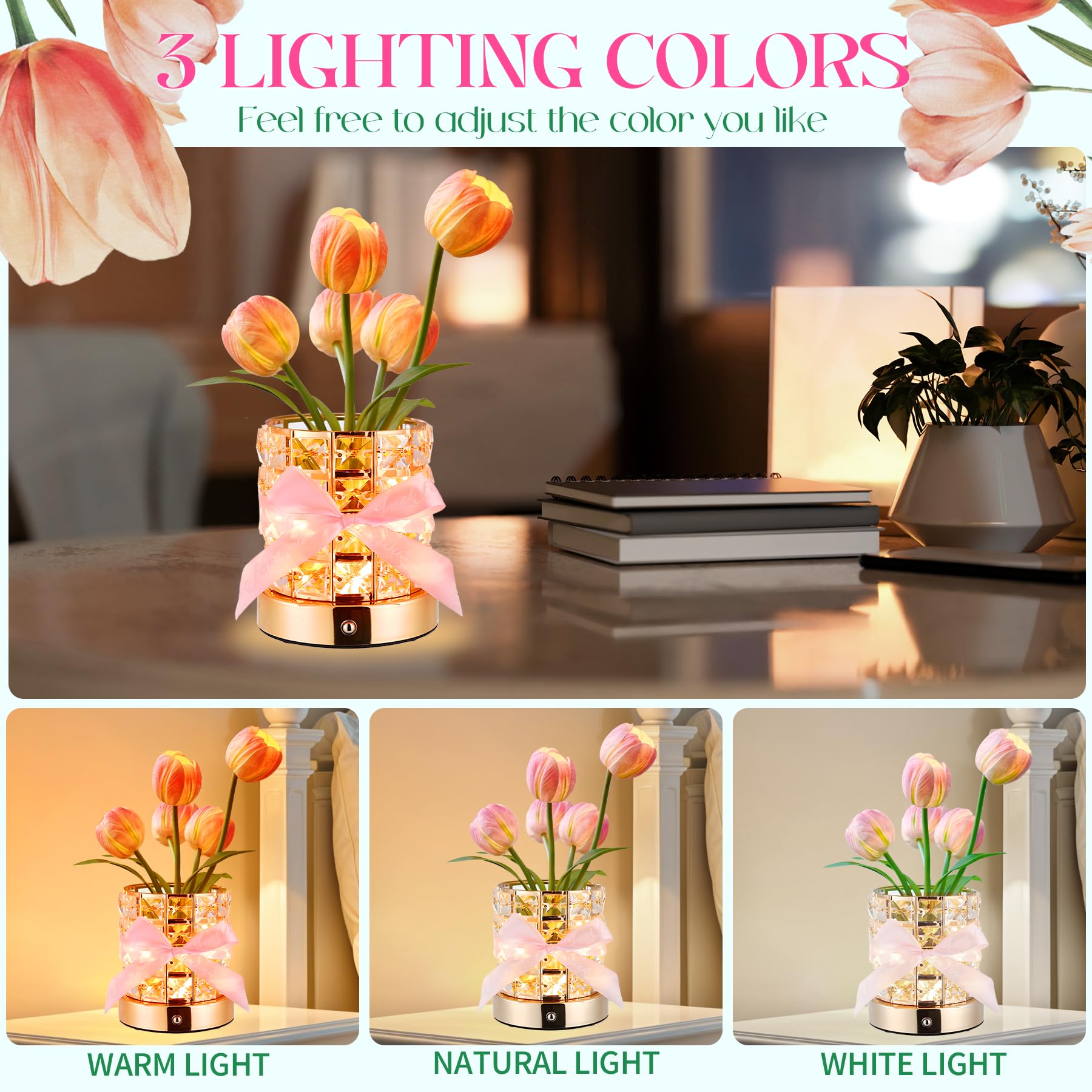 Mothers Day Gifts For For Mom/Birthday Gifts For Women, Flower Lamp Cordless Night Light Dimmable, Crystal Base With Usb Charge
