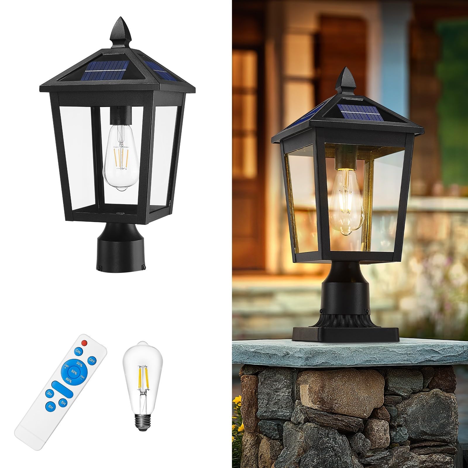 zeyu 17 Inch Solar Outdoor Post Light, Outdoor Lamp Post Light Fixture with Remote, Die-Cast Aluminum with Clear Glass Shade, Bl