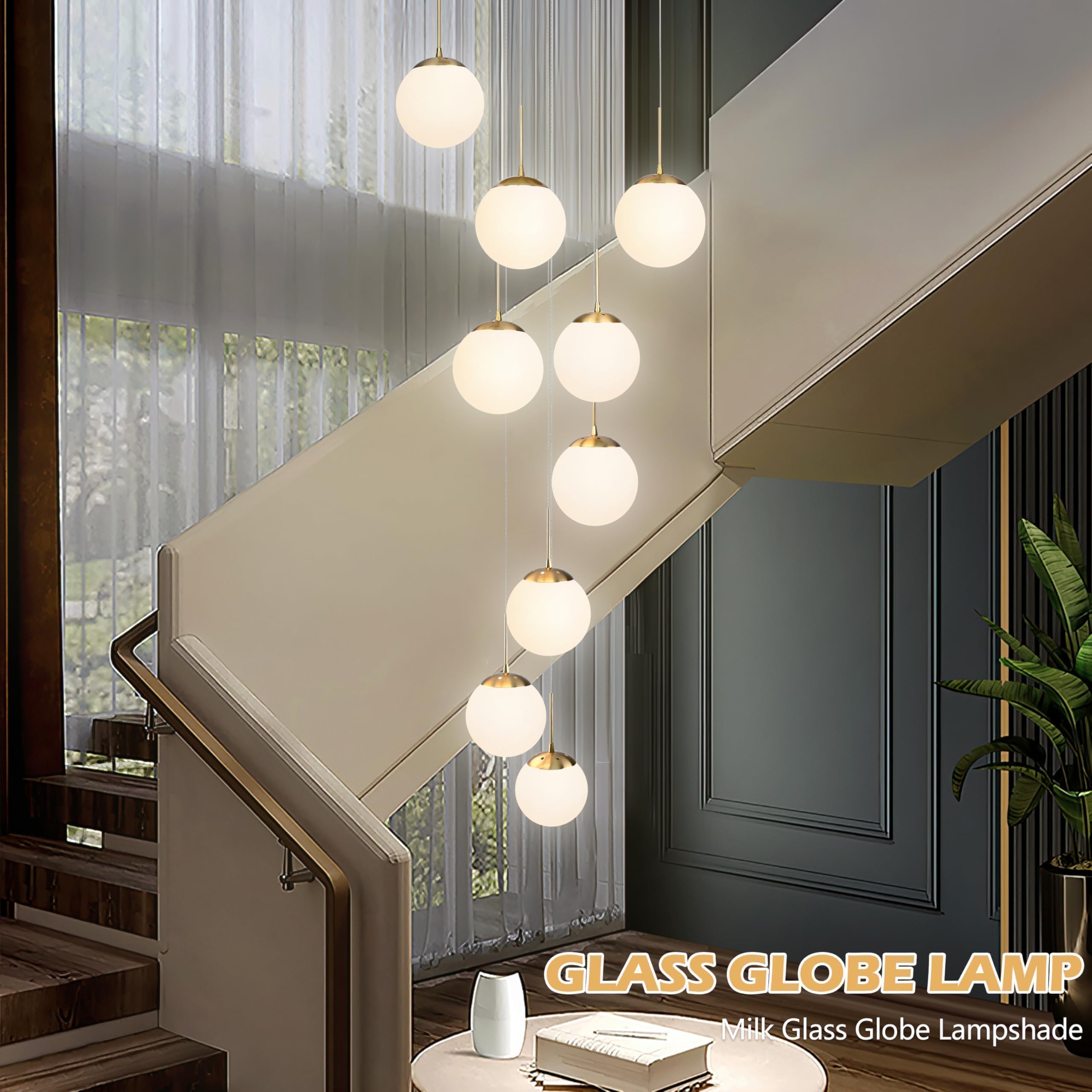 Koko&Yukina 9-Light Globe Milky White Glass Pendant Light Adjustable Length Pendant Lights Modern Glass Globe Pendant Lights Gol
