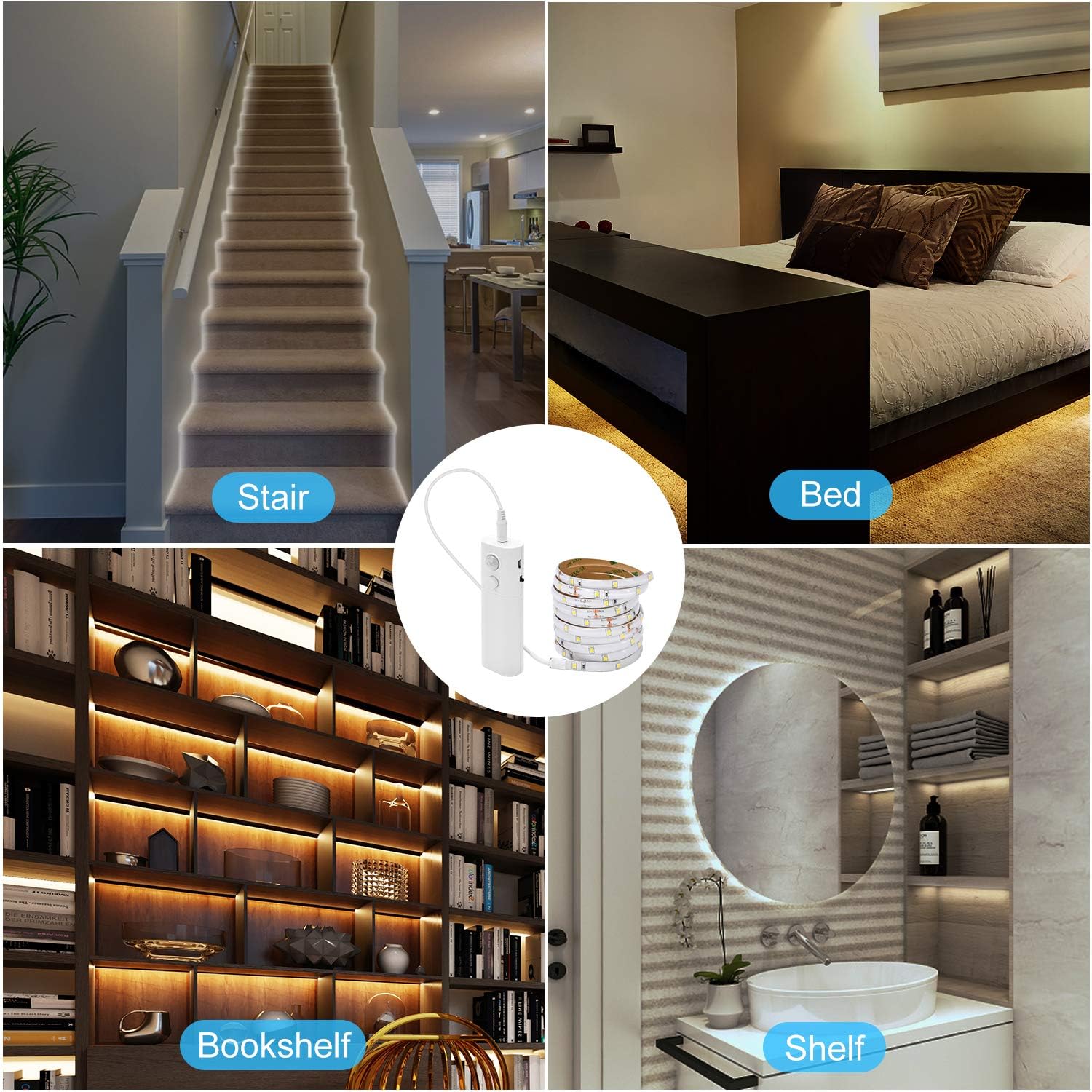 LUXJET 2-Pack Rechargeable LED Strip Lights, Cool White, Motion Sensor Under Cabinet Lighting, Plastic