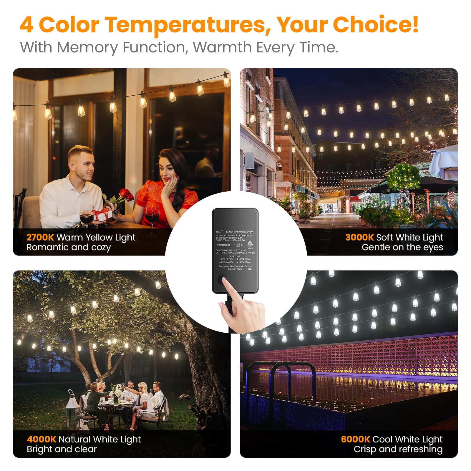 Kawaya Outdoor String Lights - 100FT Tunable White IP64 Waterproof Hanging Lights, Black, Model YAST38-100FT-50US