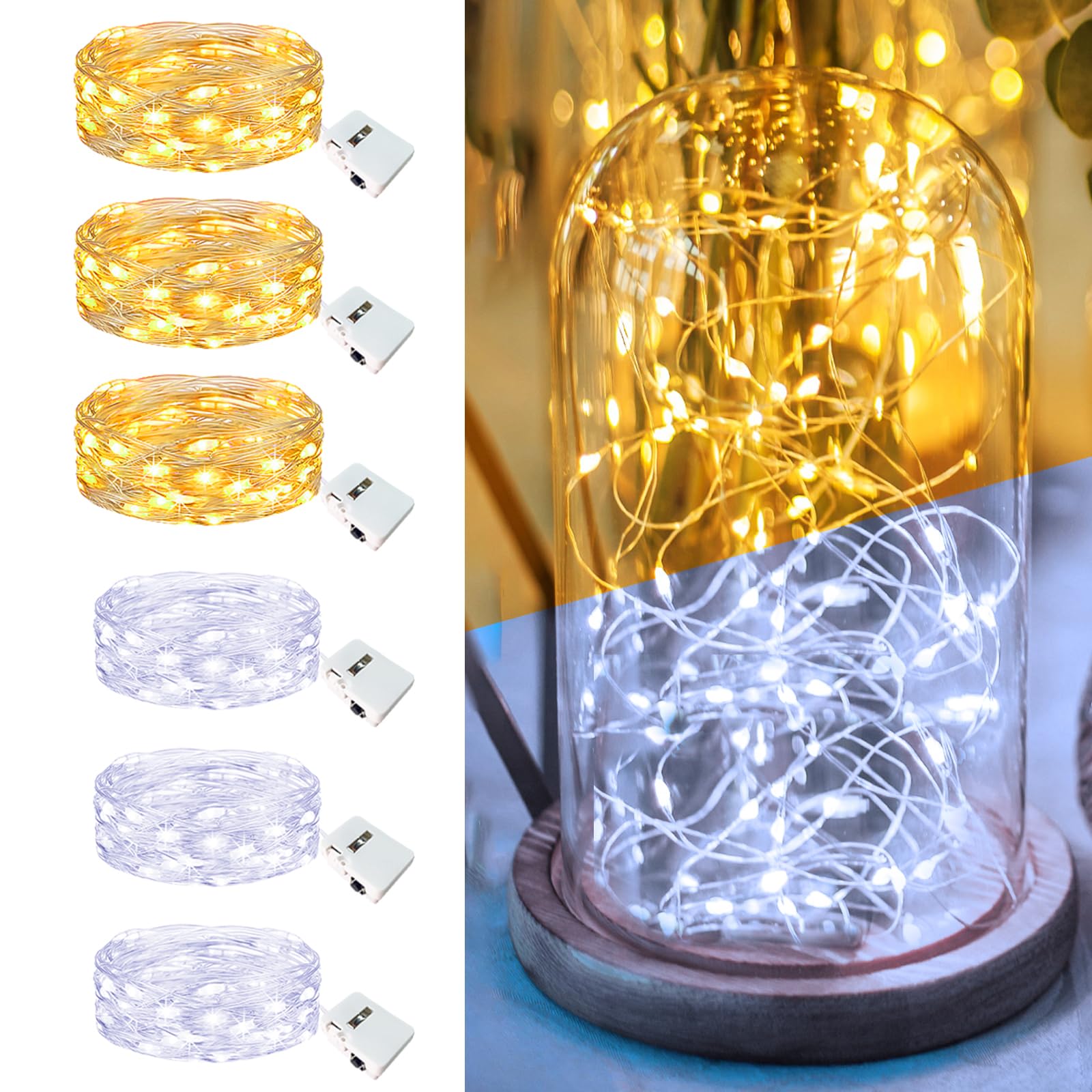Fairdeer 6 Pack Fairy Lights Battery Operated - 7ft 20 Led Twinkle Lights 3 Modes  Bulk Mini String Lights Waterproof for Mason Jars Vases DIY Party Wedding-Warm White & Cold White