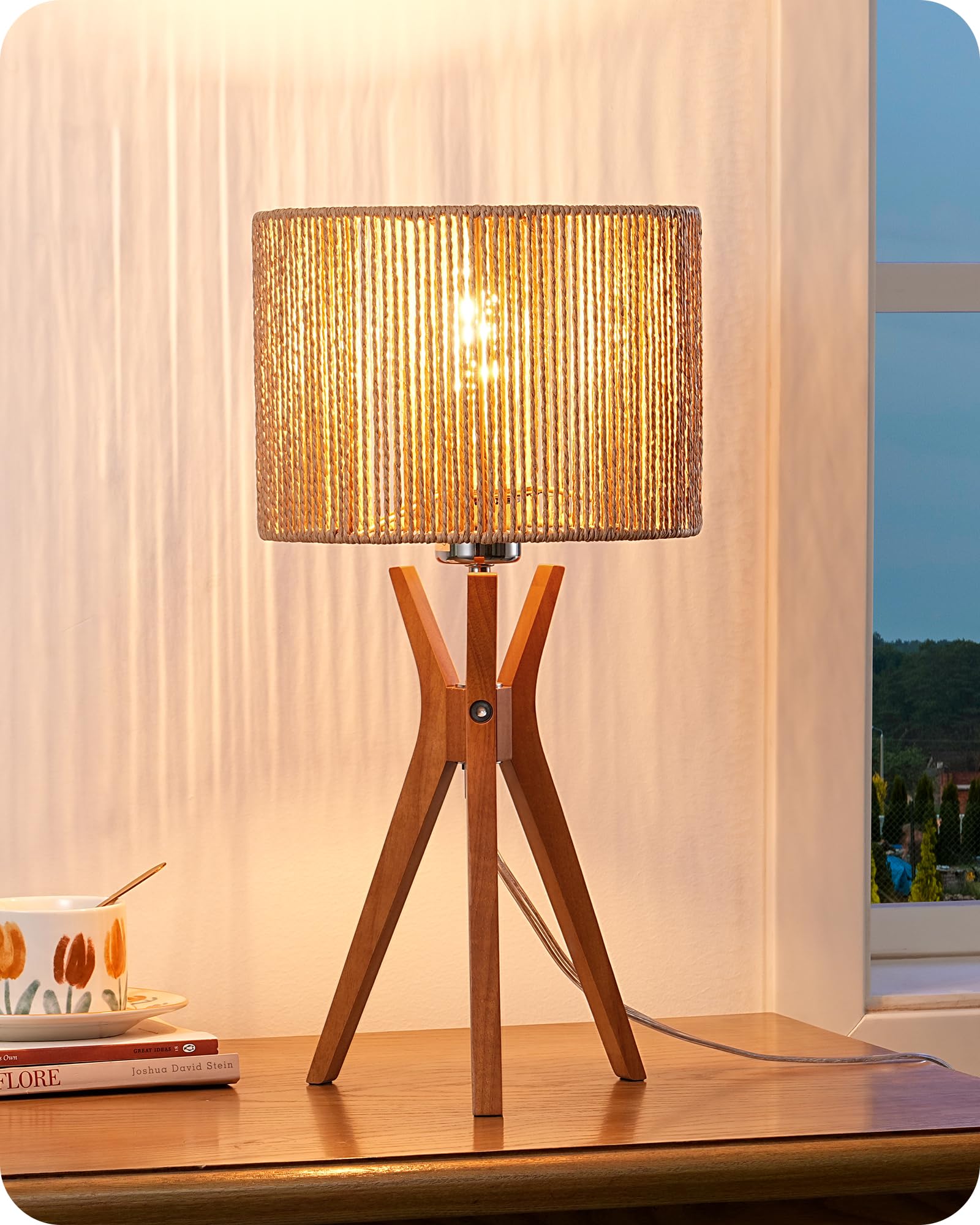 EDISHINE 17.5 Rattan Table Lamp, Wood Bedside Lamp with Handmade Paper Rope Woven Lampshade, Nightstand Lamp for Living Room, Be