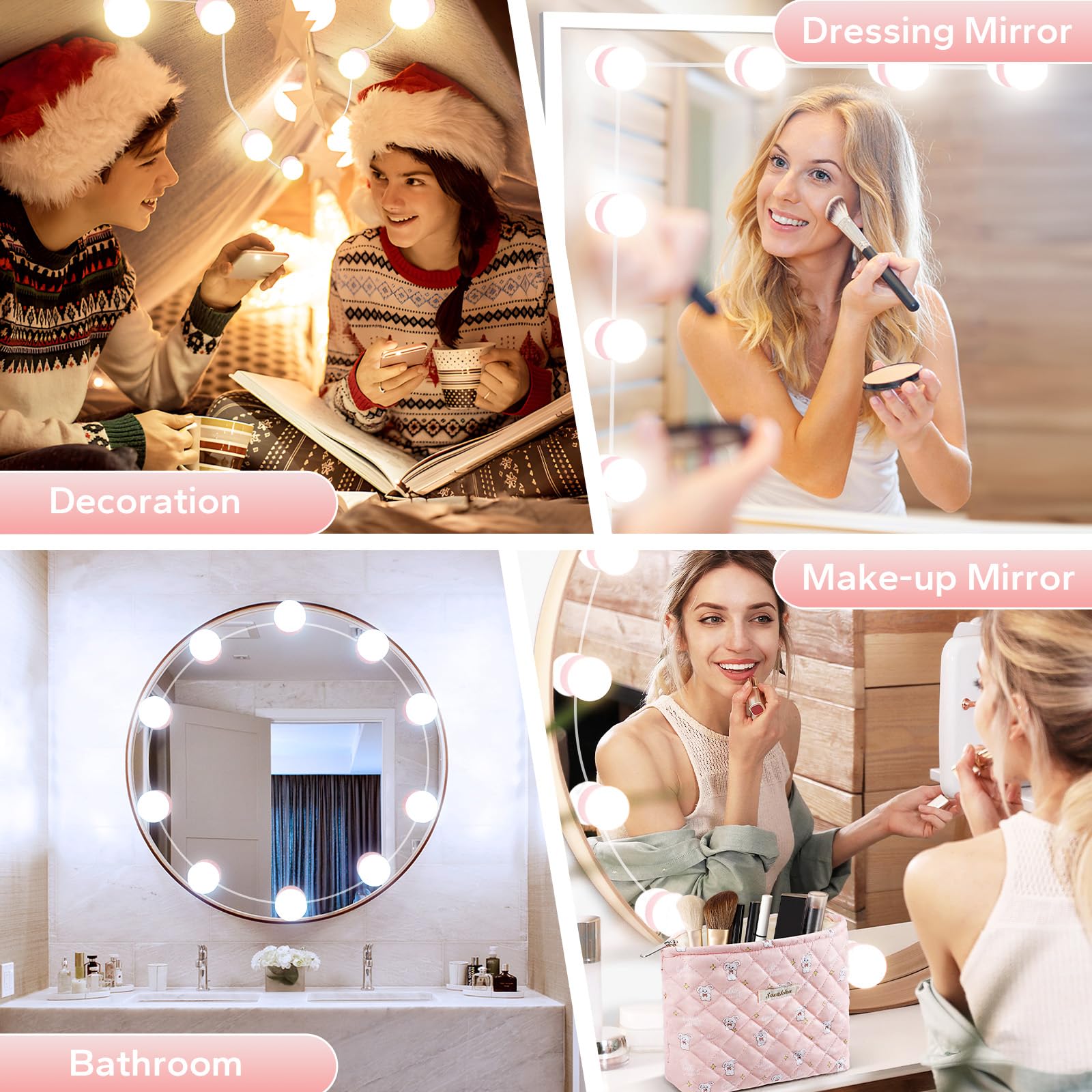 Led Vanity Lights For Mirror, Pink Vanity Lights Stick On With 10 Dimmable Bulbs, 3000K 4000K 6500K & 10 Level Brightness Adjust