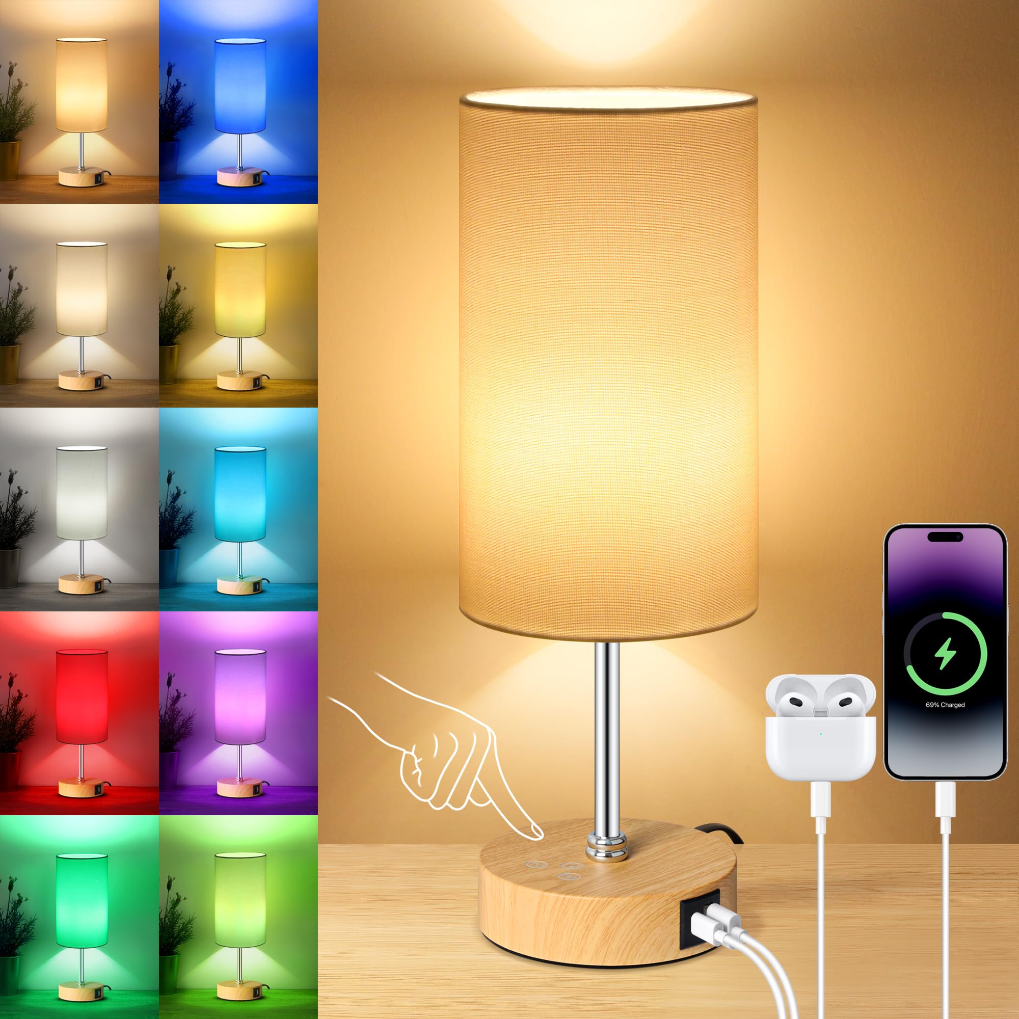 Unicozin Small Table Lamp, 3CCT & 7 RGB Color Changing, Dimmable, 14.5in, White-Wood Grain