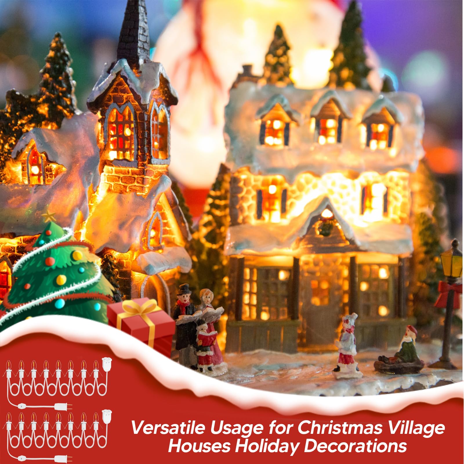 2Pack Accessory Cord With 16 Led Light Bulbs And Outlet Christmas Village Light 14.7Ft White Cord With Spare Fuse Warm White C7 Lamp For Halloween Pumpkins Christmas Village Houses Craft Decoration