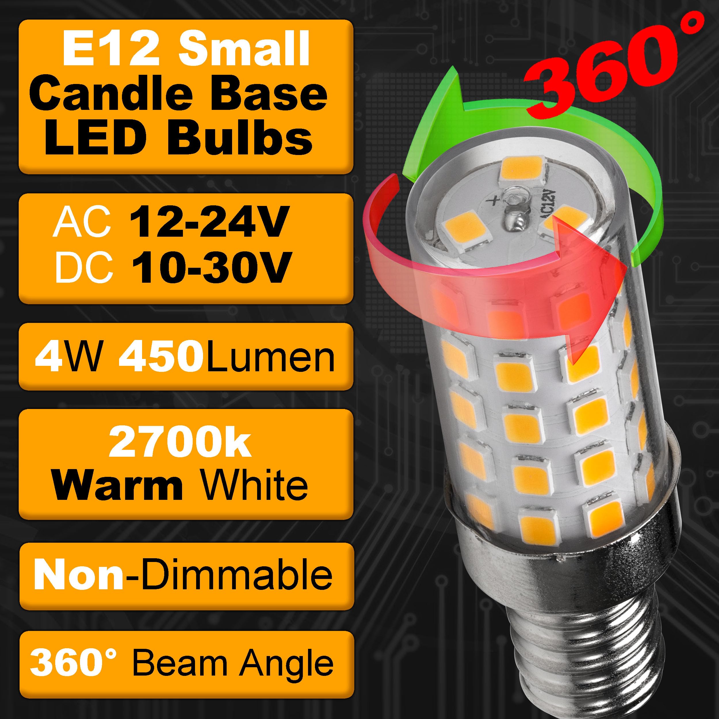 Hylroe E12 12V LED Candelabra Bulb, 4W 450Lm, Warm White 2700K, Aluminum, Non-Dimmable, 4-Pack for RV