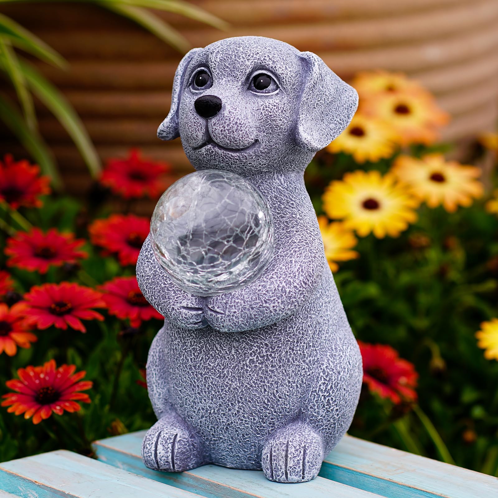 Tiejiajiang Solar Dog Statue - 8.4&quot; Gray Decor With Led Gazing Ball For Garden & Lawn