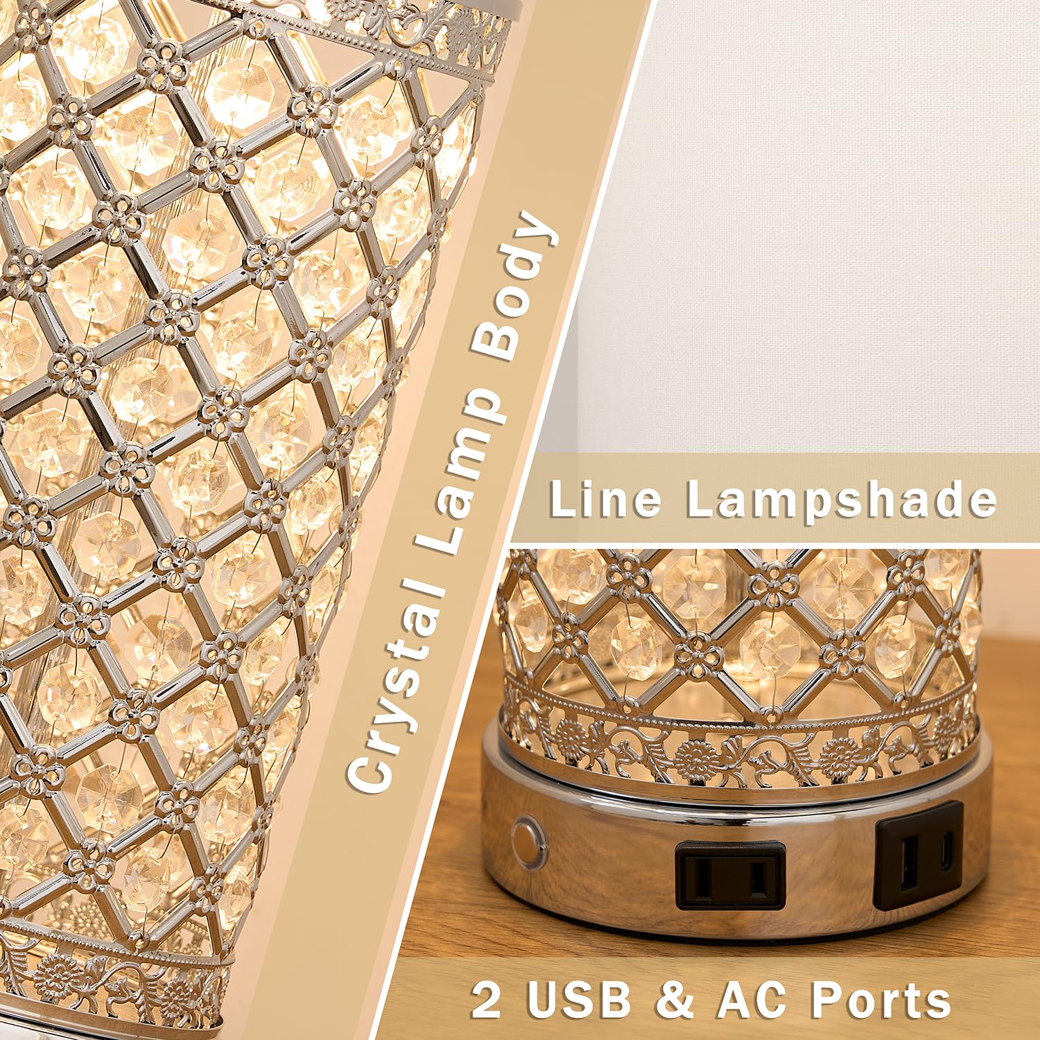 Saiweya Modern Crystal Table Lamp Set Of 2-24'' Silver Bedroom Lamps 3-Way Dimmable Touch Lamp With Night Light, 2 Usb Ports + A