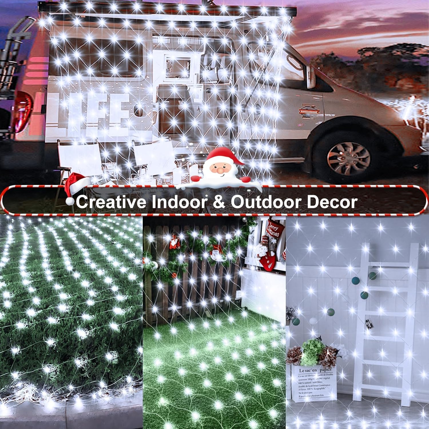 DBFAIRY Battery Powered Net Lights, 100 LED, 5x5 Ft, Cool White, Remote Timer, Dimmable, Outdoor Bush Decoration, Model DB100
