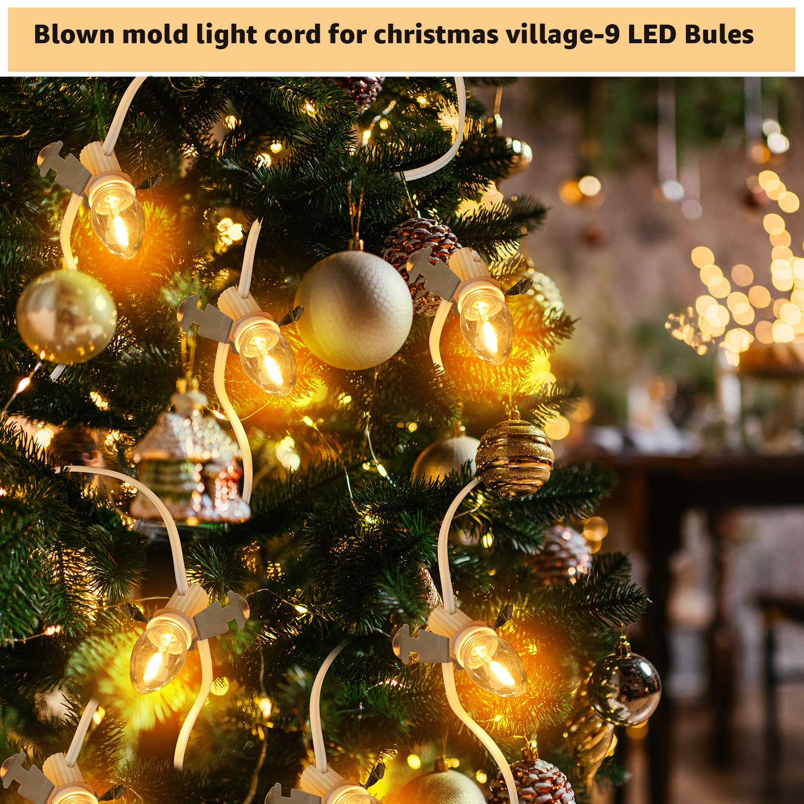 kzfuli Christmas Village Lights C7 LED String 9 Bulbs 11.8ft Warm White - Holiday Lighting Decor