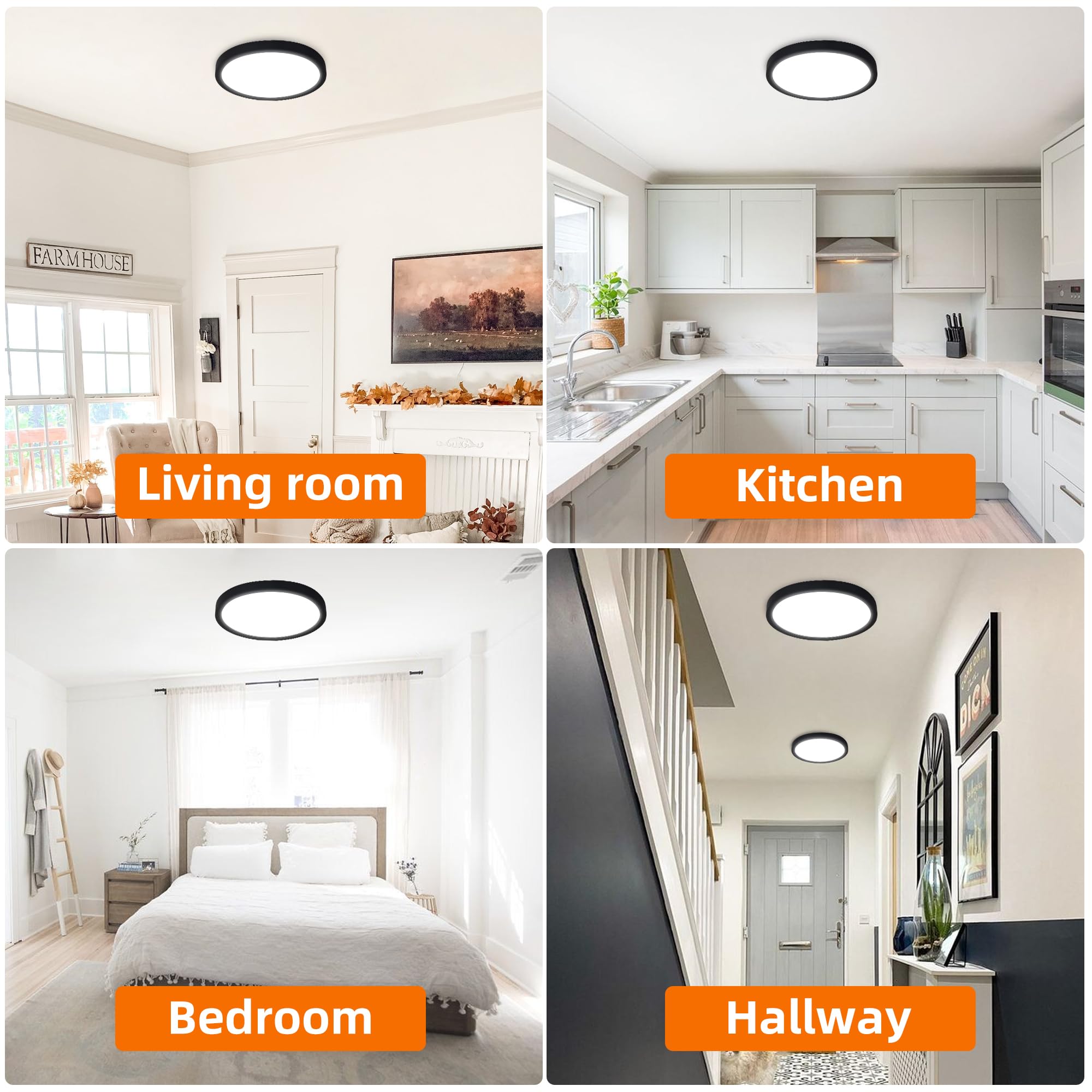 Hlite 12 Inch Flush Mount Led Ceiling Light With Night Light, 24W, 2400Lm, 3000K/4000K/5000K Selectable, Flat Lights For Ceiling, Dimmable Led Ceiling Light For Bedroom, Kitchen, Black(2Pack)
