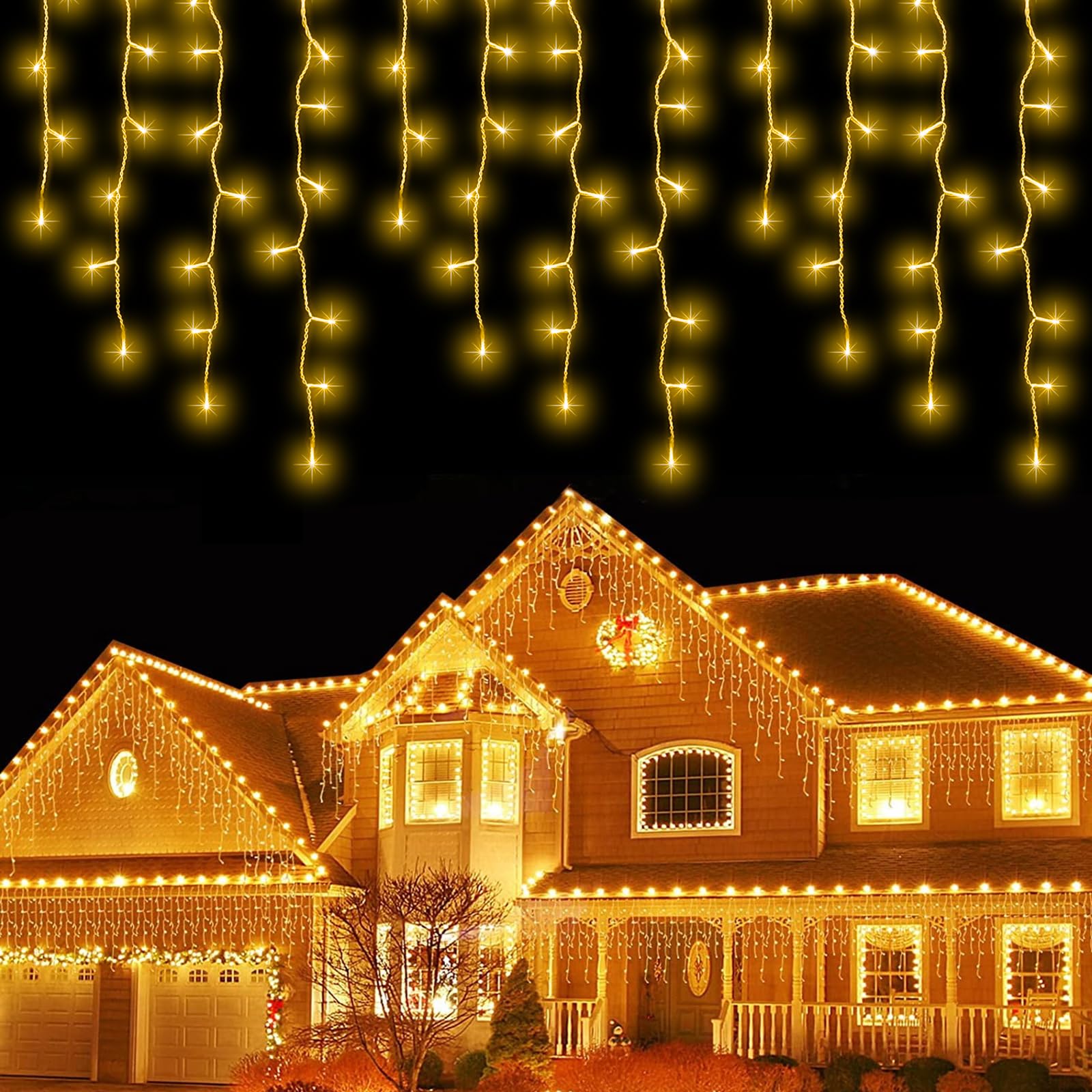 Dreicht Warm White Icicle Lights - 33ft, 400 LED, Clear Wire, 8 Modes, Waterproof, Model SW-LSL-10-400