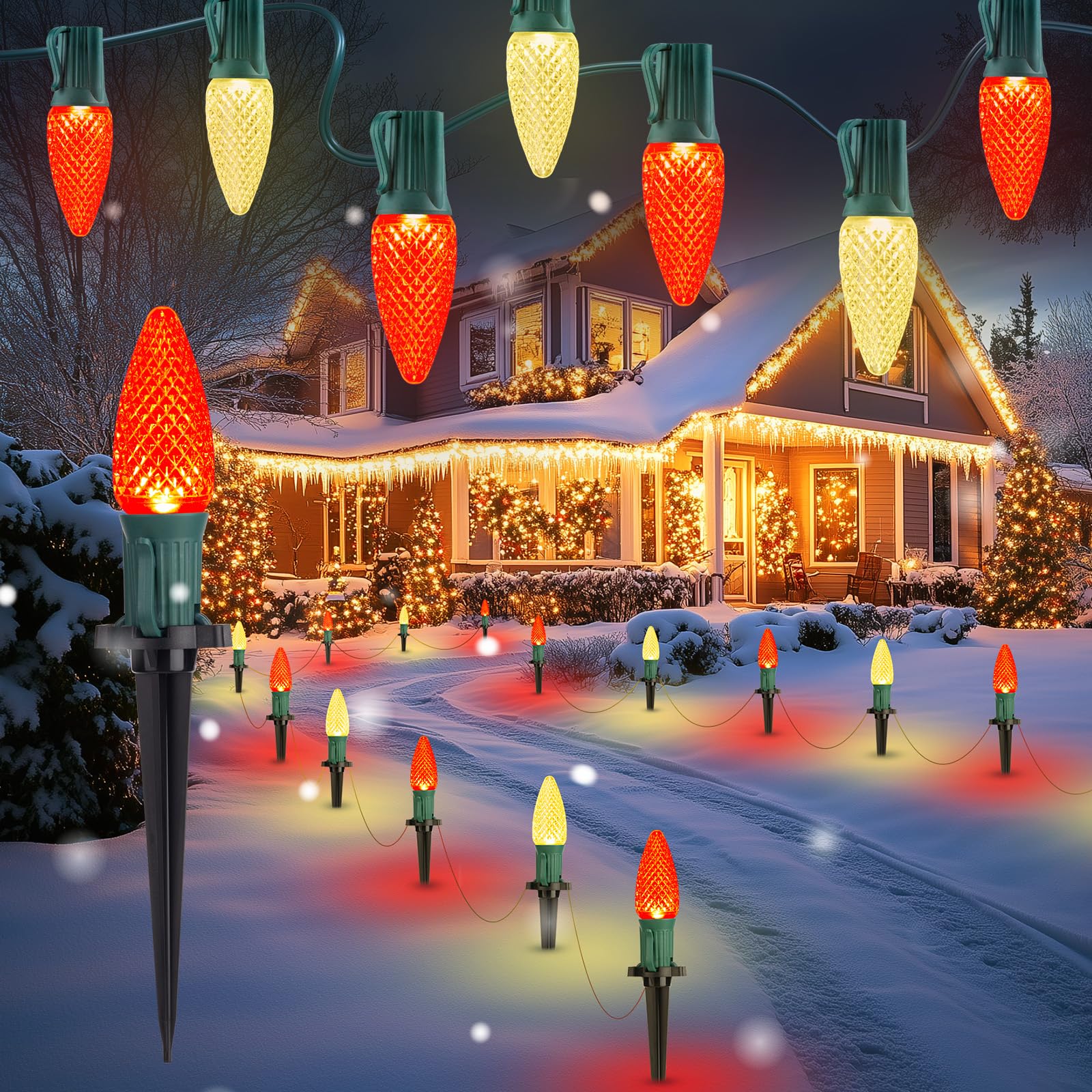 Brightown C9 Christmas Lights, 25.7 Ft, 20 LED Bulbs, Red and Warm White, Model GY-C-50.6-U-B1, Outdoor Pathway Decorations