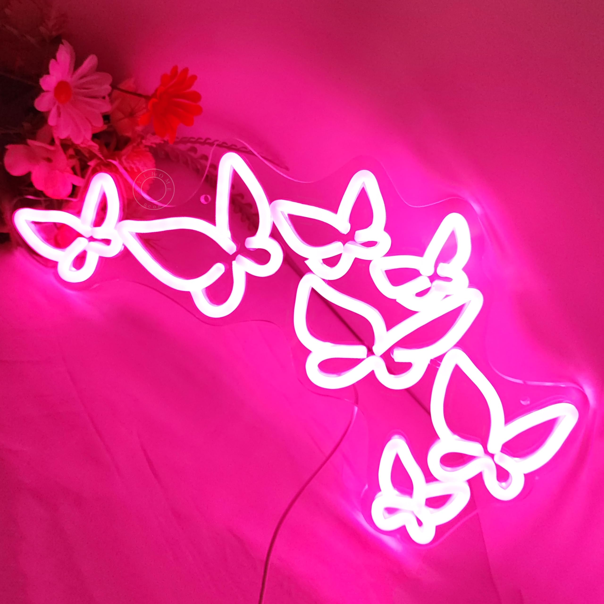 SYLHOME Pink Butterfly LED Neon Light Sign for Kids Room, Wedding & Party Decor, 16.5in x 8.9in, Acrylic