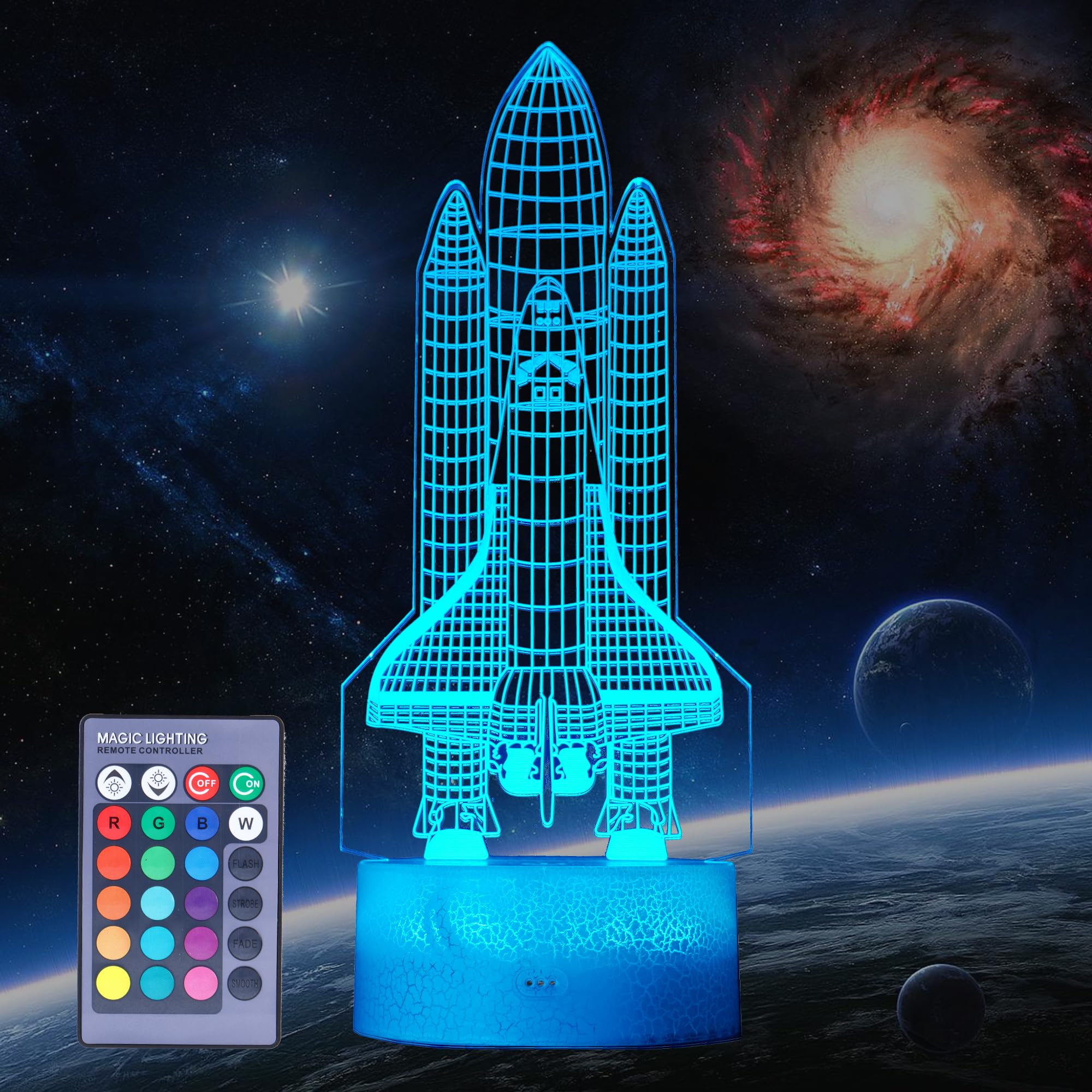 POSSHE Space Shuttle Night Light, Space Shuttle Gifts, Rocket 3D Illusion Lamp with 16 Colors Changing, Remote Control and Dimma