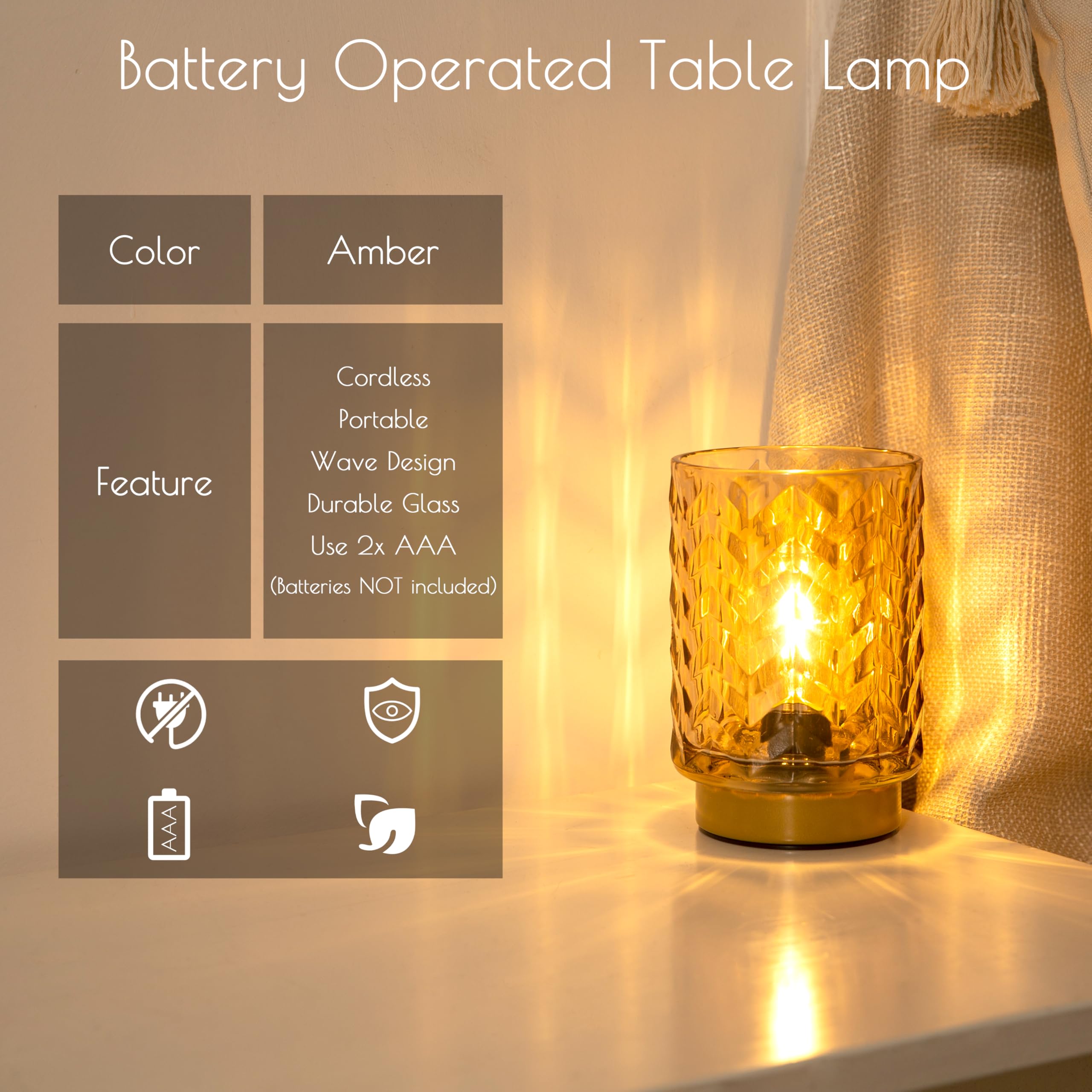 LUSHARBOR Battery Operated Table Lamp with LED Bulb, Glass, Wave-Amber, Model K230007B-AM
