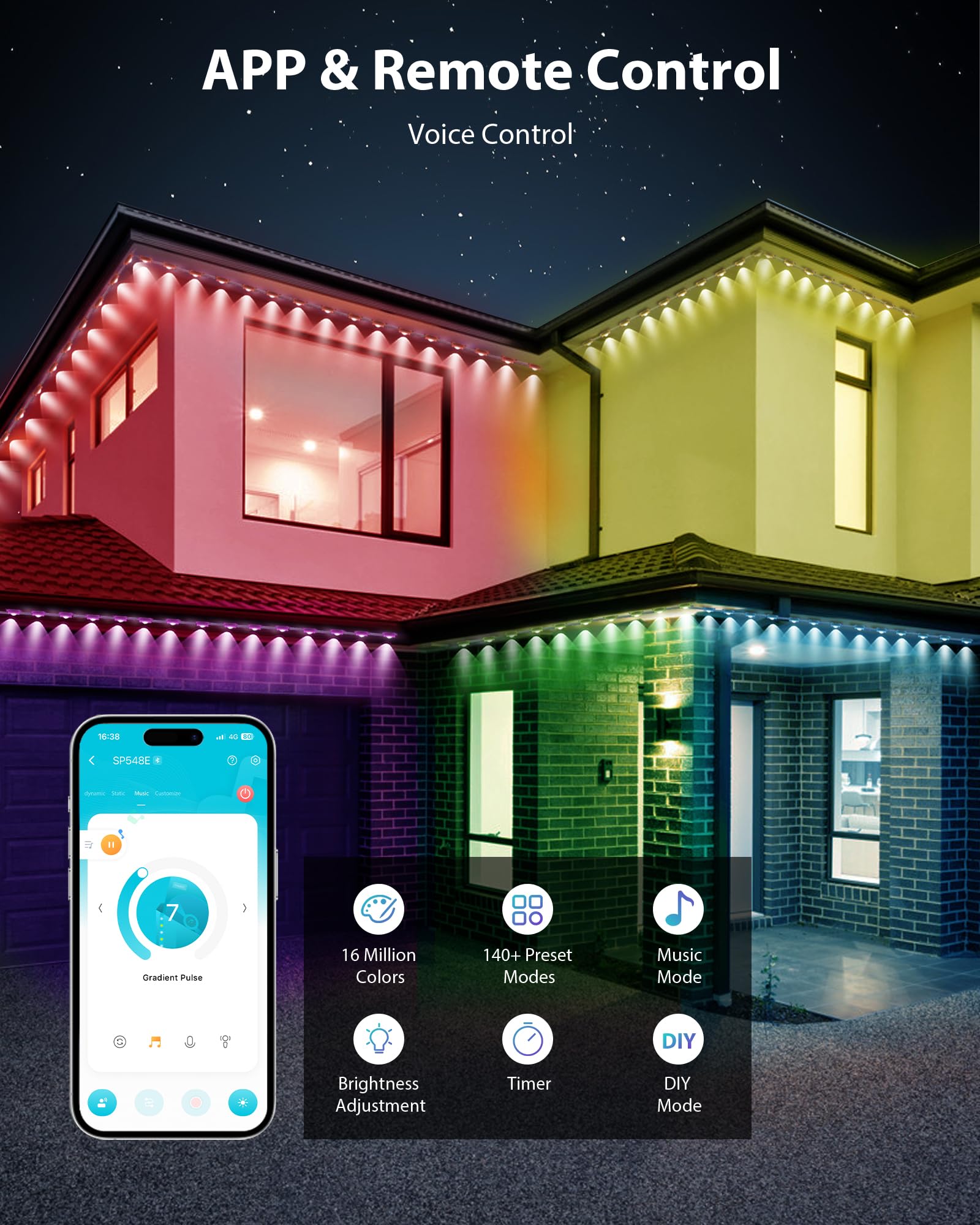 Fussion Permanent Outdoor Lights For House 200Ft, Ip68 Waterproof Outside Lights With 4 Control Methods, Smart Rgb Plus Ic Eaves