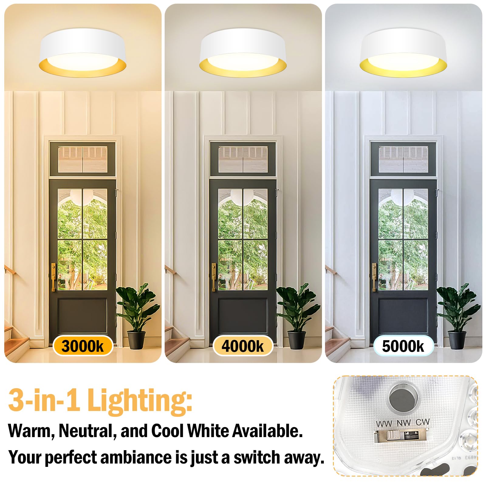 Brighthome Flush Mount Ceiling Light White, 25W Led Ceiling Light Fixture 250W Equivalent, Cct Adjustable 3000K 4000K 5000K, 13I