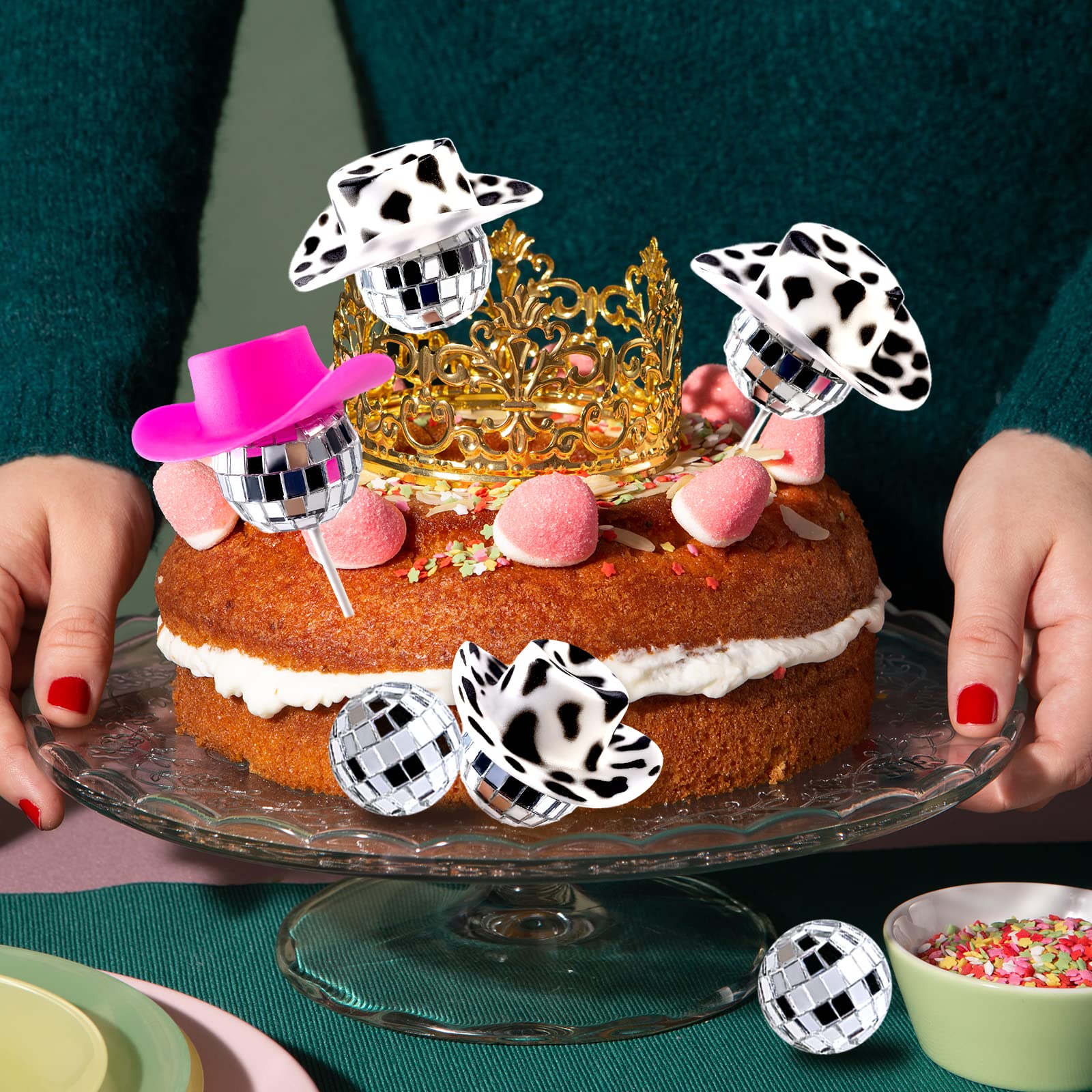 60Pcs Disco Cowgirl Pary Cake Decoration, 20Pcs Disco Ball Cup Toppers 10Pcs Mini Pink Cowgirl Hats 10Pcs Cow Print Cowboy Hats Westen Cowgirl Party Birthday Table Decor