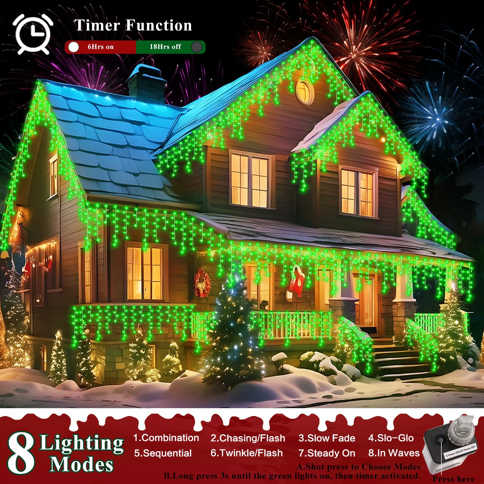 Xurisen 132Ft Christmas Lights Decorations Outdoor, 1280 Led 8 Modes Fairy Lights With 240 Drops,Plug In Waterproof Timer Memory
