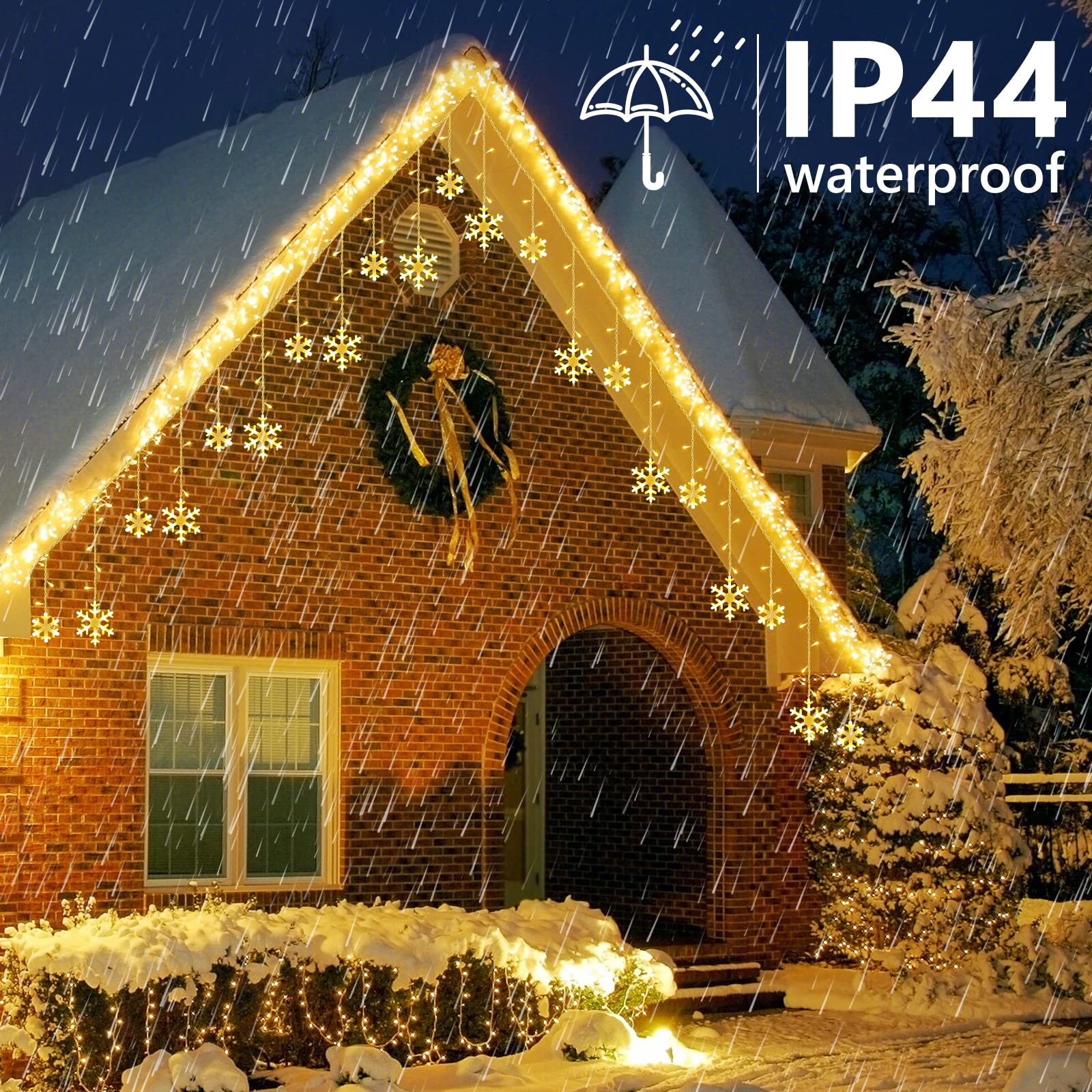 Toodour Christmas Snowflake Lights, 17.22ft, 264 LED, Warm White, 8 Modes, Connectable, Timer for Outdoor Decor