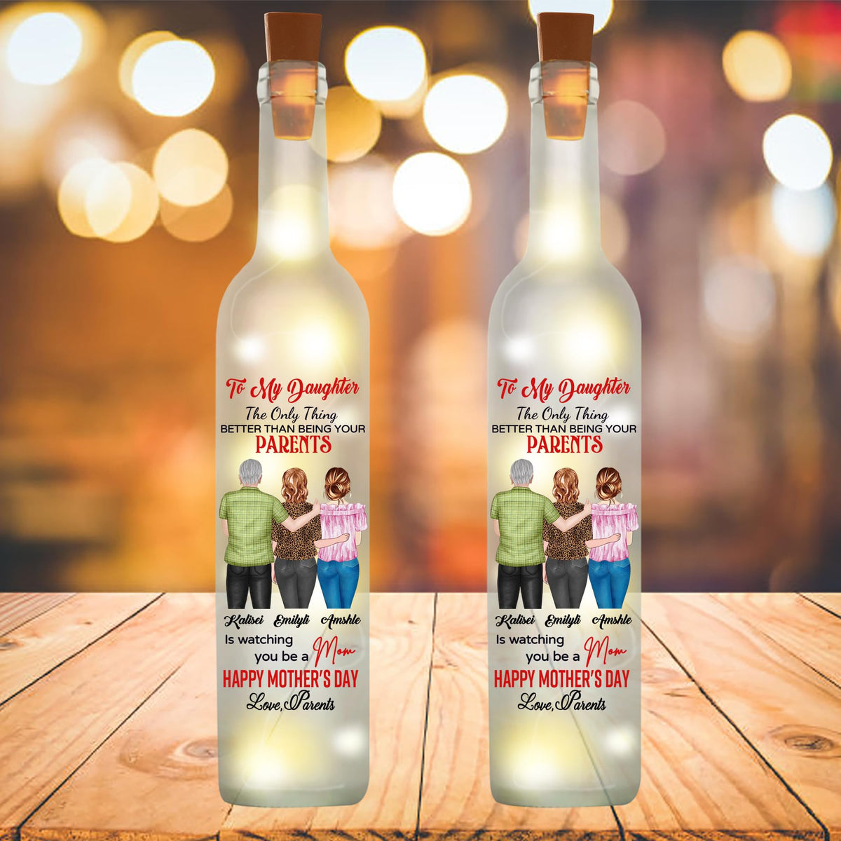 Hnfmeug Personalized Led Bottle Lamp To My Daughter Gift From Parents Happy Mothers Day, Custom Cartoon Mother Daughter Bottle L