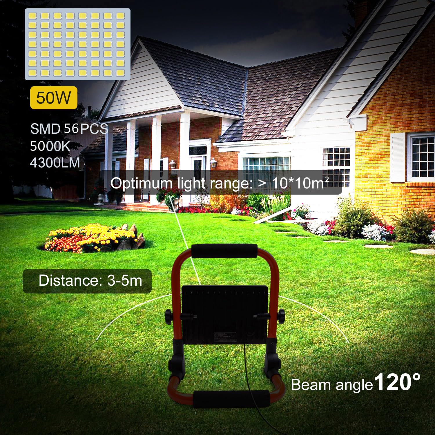 LTE 50W LED Work Light, 4300LM, IP66 Waterproof, 5000K Daylight, 16.4FT Cable, Orange