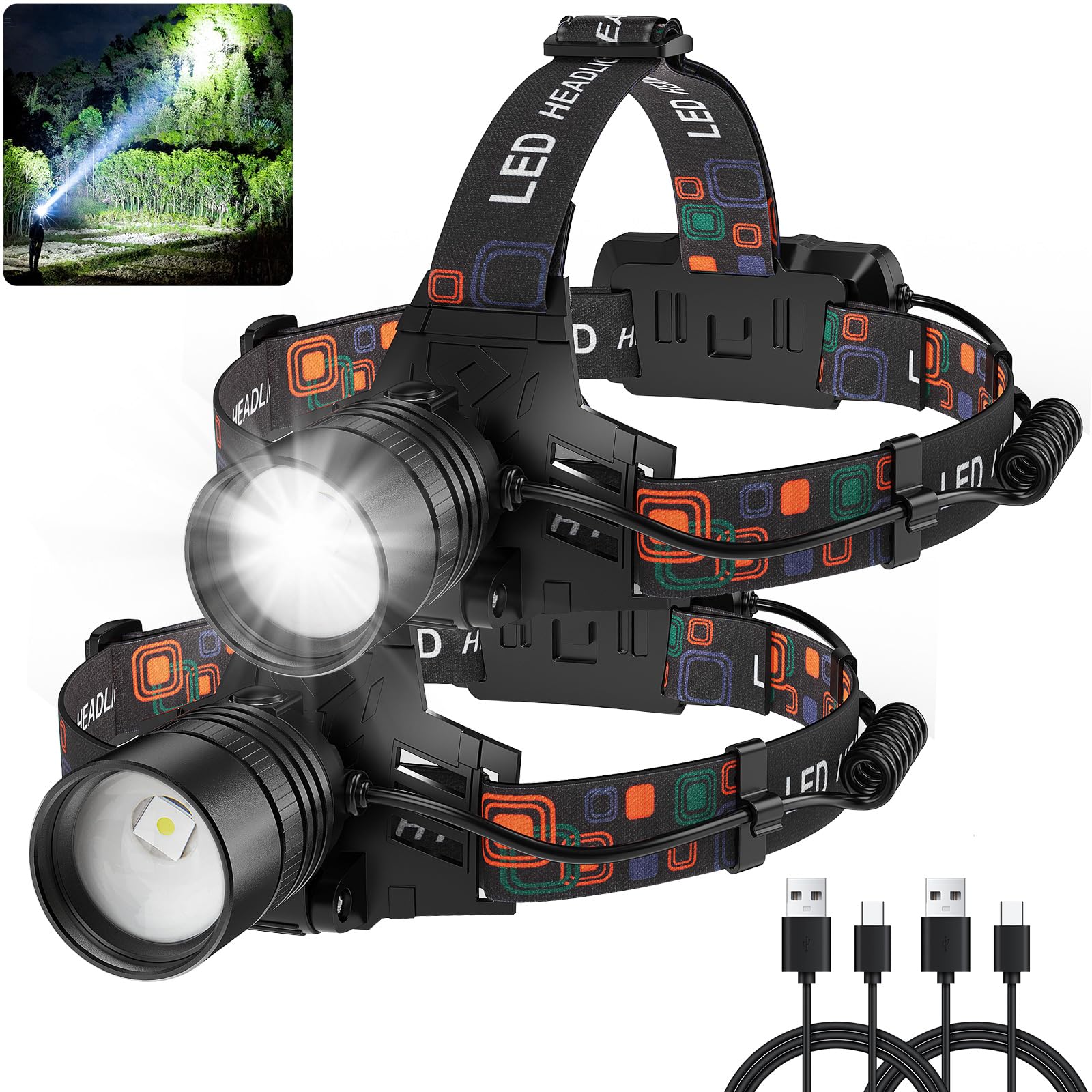 SKNSL Rechargeable Headlamp 2-Pack, 99000 Lumens, 3 Modes, 90° Adjustable, IPX6 Waterproof, Black, Model P50